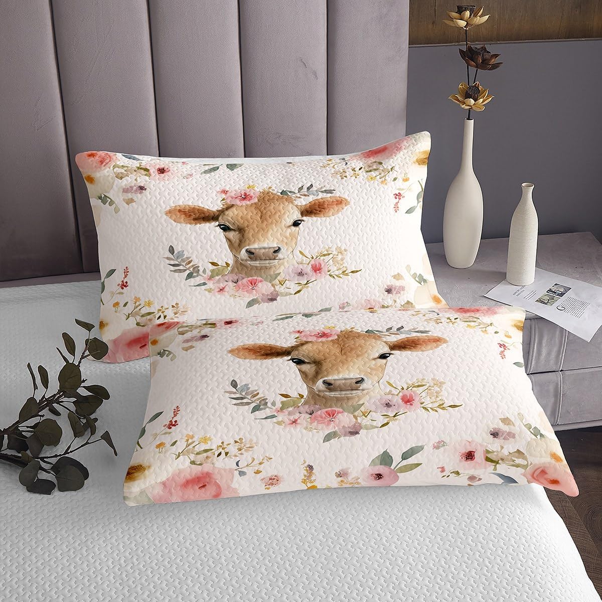 Erosebridal Highland Cow Twin Bedspread Set Farm Animal Toddler Quilt Set for Kids, Pink Flower Coverlet Set Wild Cattle Bull Bedding Set, Rustic Farmhouse Bed Cover Lightweight 2pcs