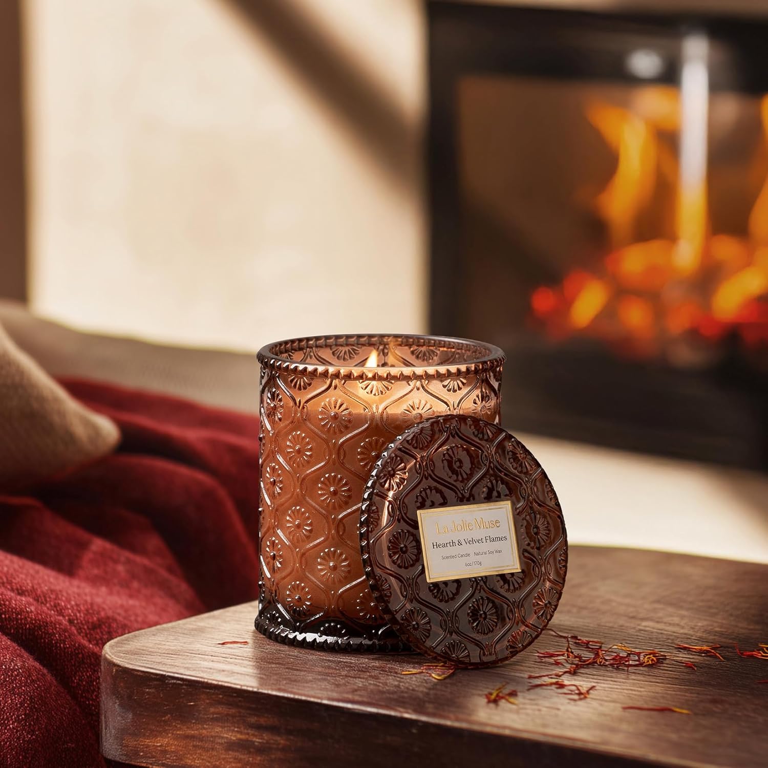 LA JOLIE MUSE Hearth & Velvet Flames Candle - Saffron, Clove, Vanilla | 6 oz Natural Soy Wax | 40 Hours Clean Burn | Elegant Home Décor | Gift-Ready for Hosts & Gatherings - Image 4
