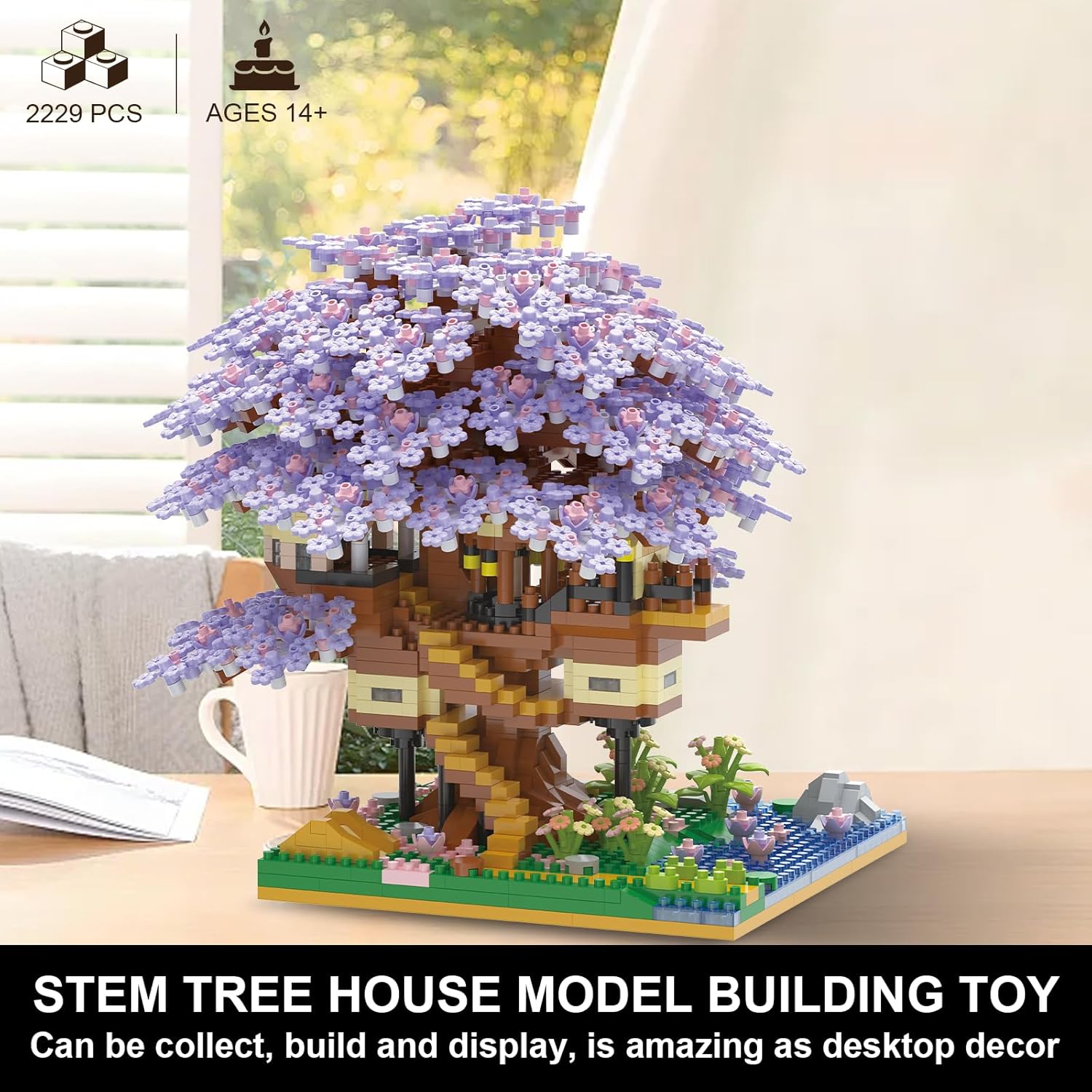 Assembled PQKIE Cherry Blossom Tree House Micro Block Building Set with purple blossoms and a small house structure.