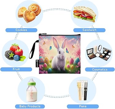 Whimsical Scene Cute White Bunny Washable Snack Bag and Sandwich Bags Reusable, Zipper Food Storage Pouch for School Office Travel Work (Set of 3: S/M/L)