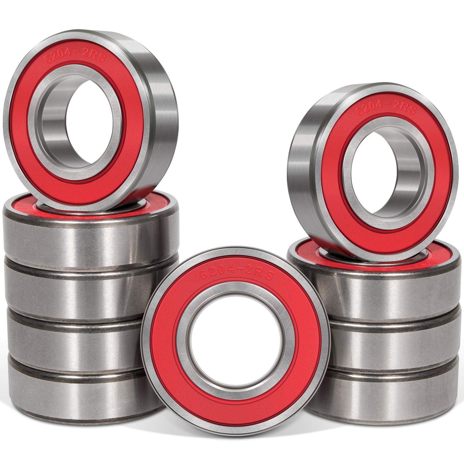 10 Pcs 6204-2RS Ball Bearings (20x47x14mm) Double Rubber Red Seal Bearing，Deep Groove for Garden Machinery, Electric Toys and Tool, etc.