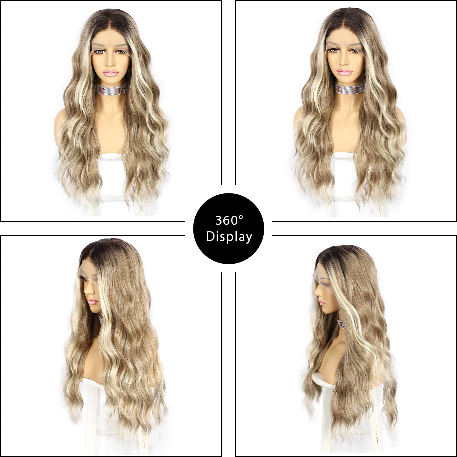 SAPPHIREWIGS 13x4 Blonde Synthetic Lace Front Wigs for Women Glueless Body Wave Wig Highlight Balayage Blonde with Brown Hair Pre Plucked Hairline Daily Cosplay Uses 26 Inches