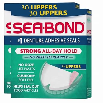 Sea Bond Secure Denture Adhesive Seals, Fresh Mint Uppers, Zinc-Free, All-Day-Hold, Mess-Free, 30 Count Pack of 2