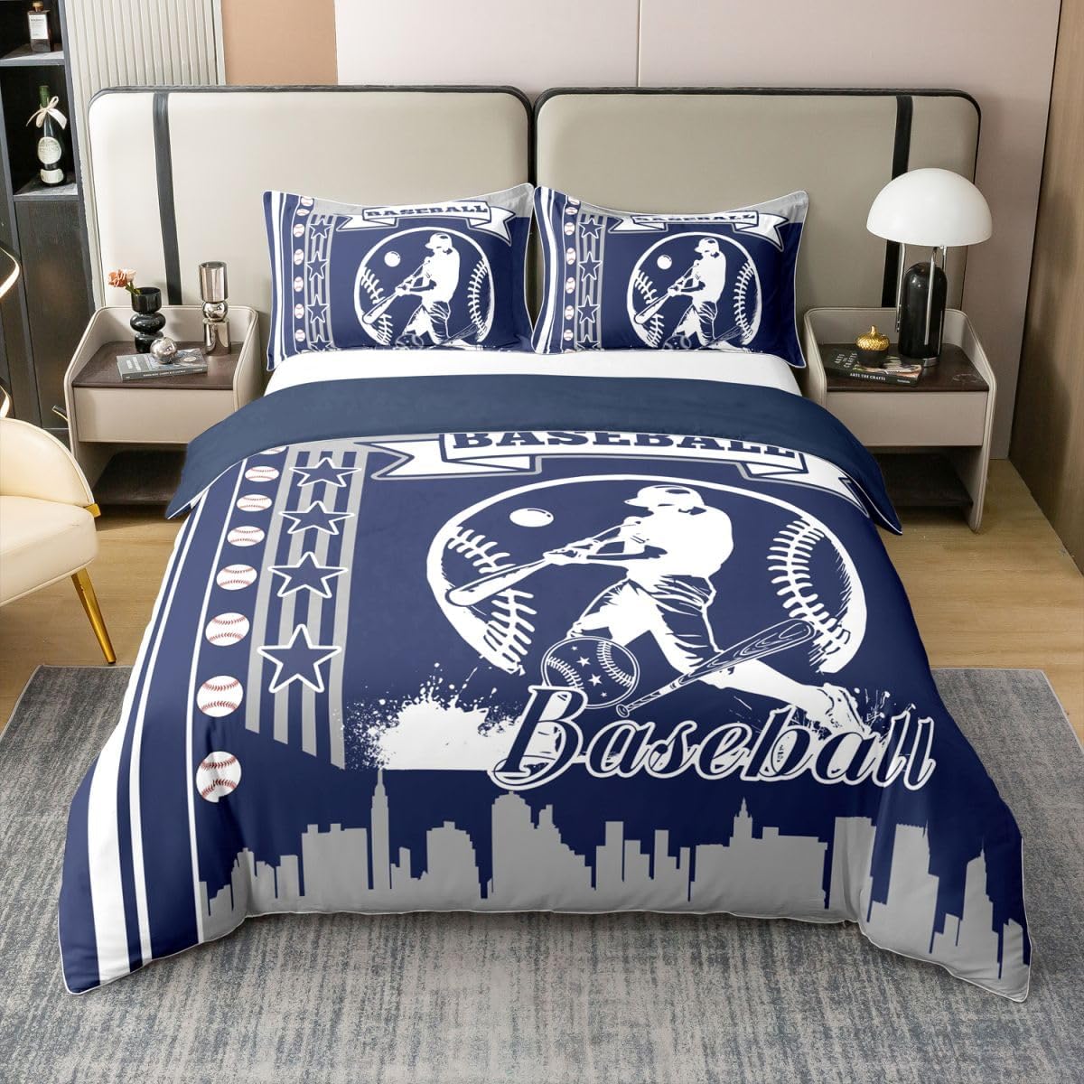 jejeloiu Baseball Duvet Cover 100% Cotton Queen Size Boys Girls Gaming Sports Bedding Set Breathable Soft Baseball City Comforter Cover 3Pcs Ball Games Bedroom Decor Microfiber Zipper Closure