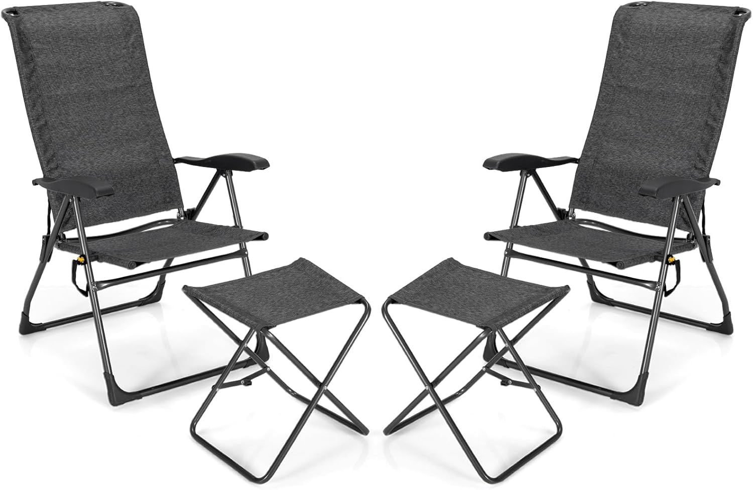 Tangkula Folding Patio Chairs, Set of 2 Outdoor Dining Chairs & Ottomans, Lawn Chairs with 7-Level Adjustable Backrest, Armrests, Mesh Pocket, Portable Lounge Chairs & Footrests for Backyard, Camping