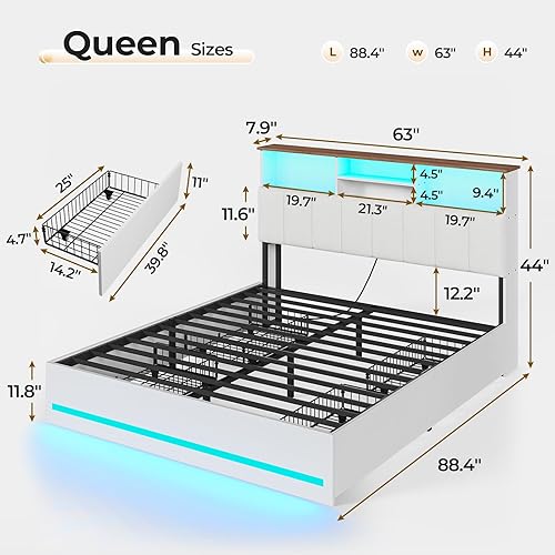 Miniatura 2 de VIAGDO Base de cama Queen con cabecera de estantería, marco de cama de madera tamaño Queen con estación de carga, 4 cajones de almacenamiento y