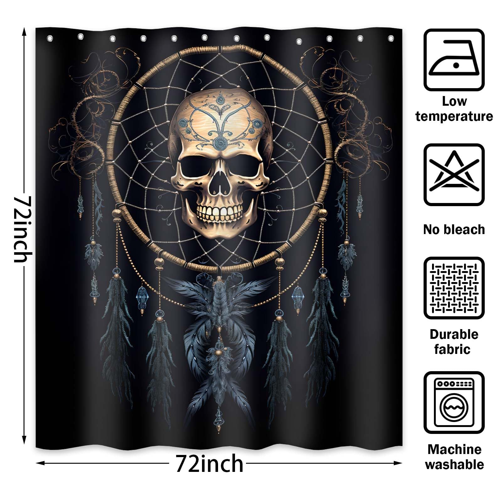 Yieldeer Totenkopf-Duschvorhang, Gothic-Design, 183x183 Cm – Wasserdicht, Polyester, Mit 12 Haken