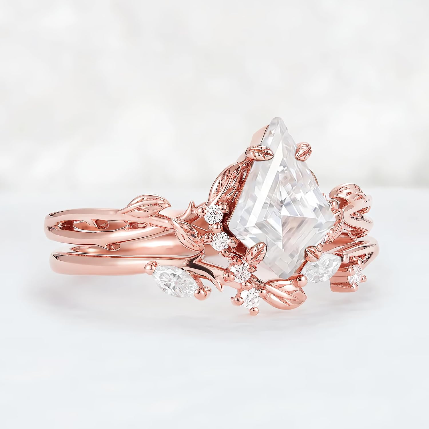 Gemstone Engagement Rings for Women 10K 14K 18K White Yellow Rose Gold Kite Cut Gemstone Wedding Ring Set Bridal Set 2pcs Art Deco Vine Inspired Leaf Wedding Band Anniversary Promise Rings