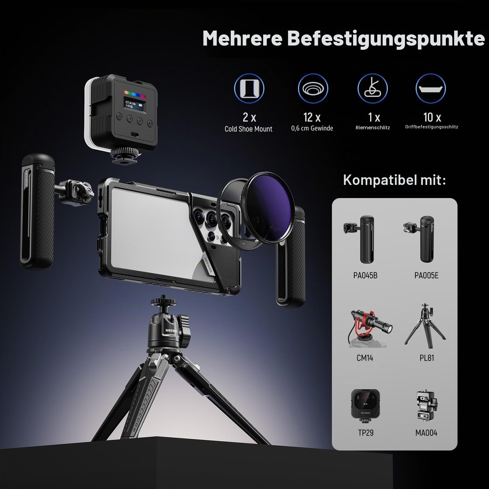 NEEWER S25 Ultra Handykäfig, Handy Video Rig Telefonstabilisator mit 67 mm Filteradapter, 17 mm Objektivrückplatte, T Mount Objektivadapter, kompatibel mit Samsung Galaxy Moment T Serie, PA082