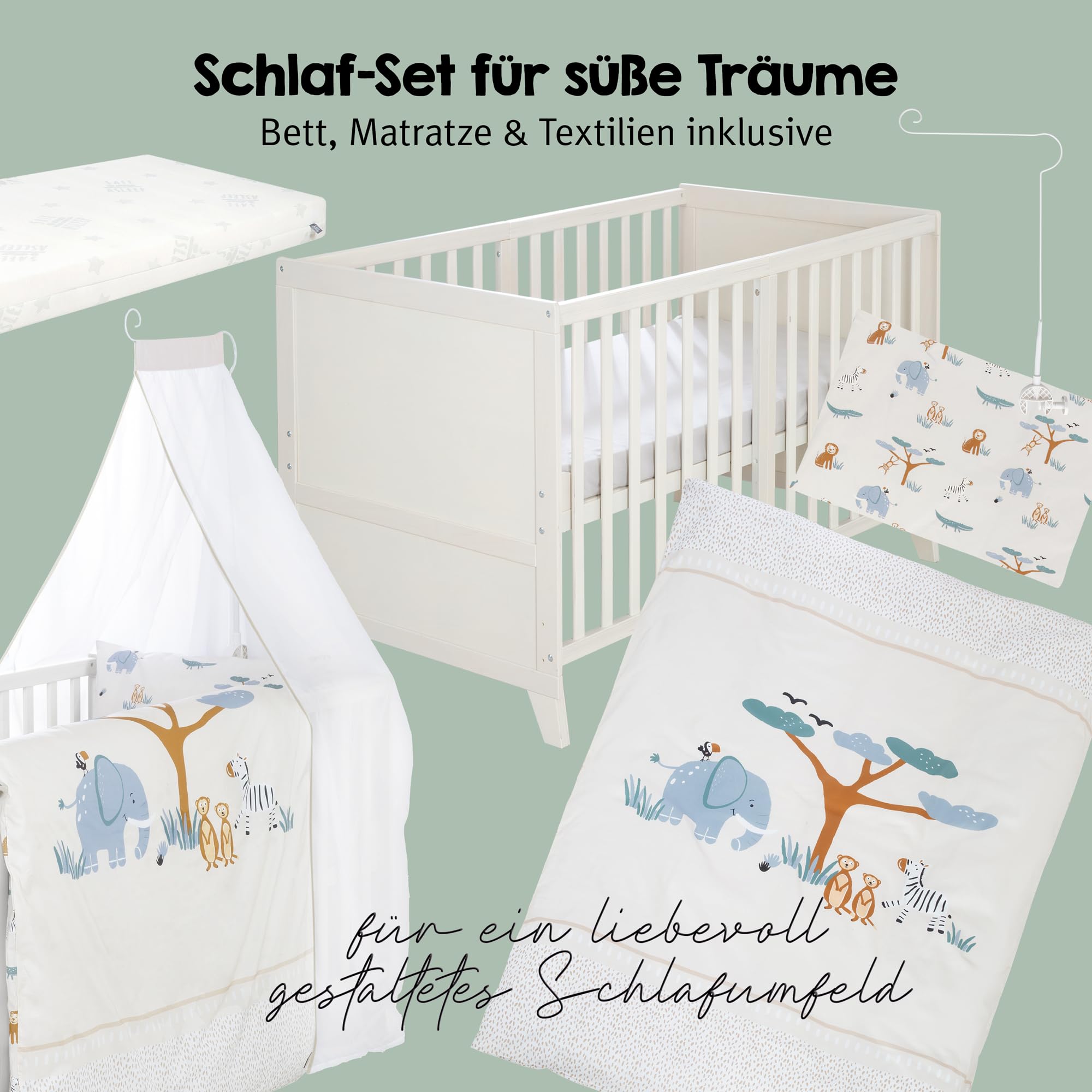 roba Conjunto Completo de Cuna Savanna Friends - Cuna para bebé 70 x 140 cm de Madera Incl. colchón Ropa de Cama Dosel y Barra de Dosel - Evolutiva Desde 6 Meses - Gris Natural