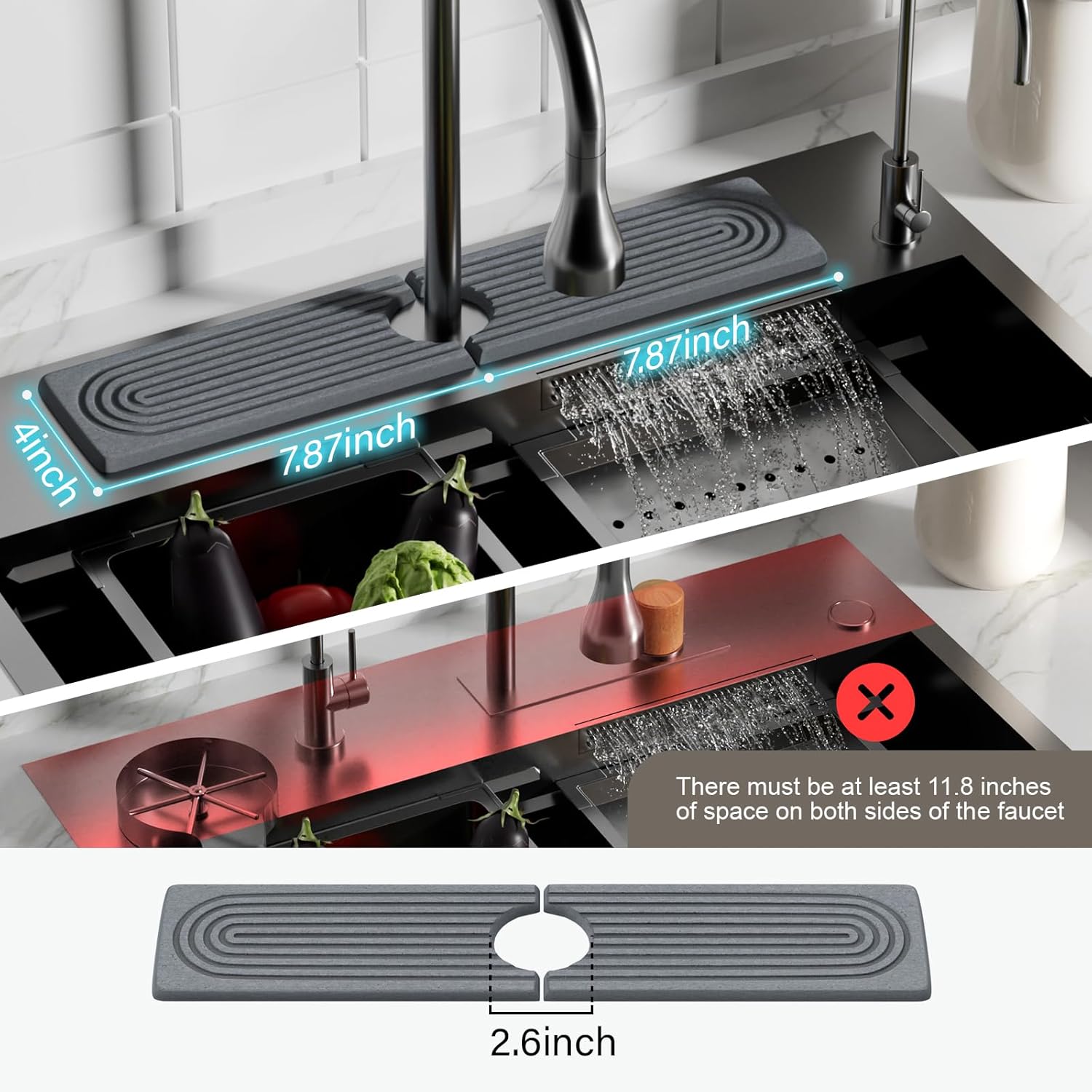 15.8"Instant Dry Stone Sink Tray around Faucet, Faucet Mat for Kitchen Sink Quick Dry Diatomaceous Earth Soap Tray for Hand Soap