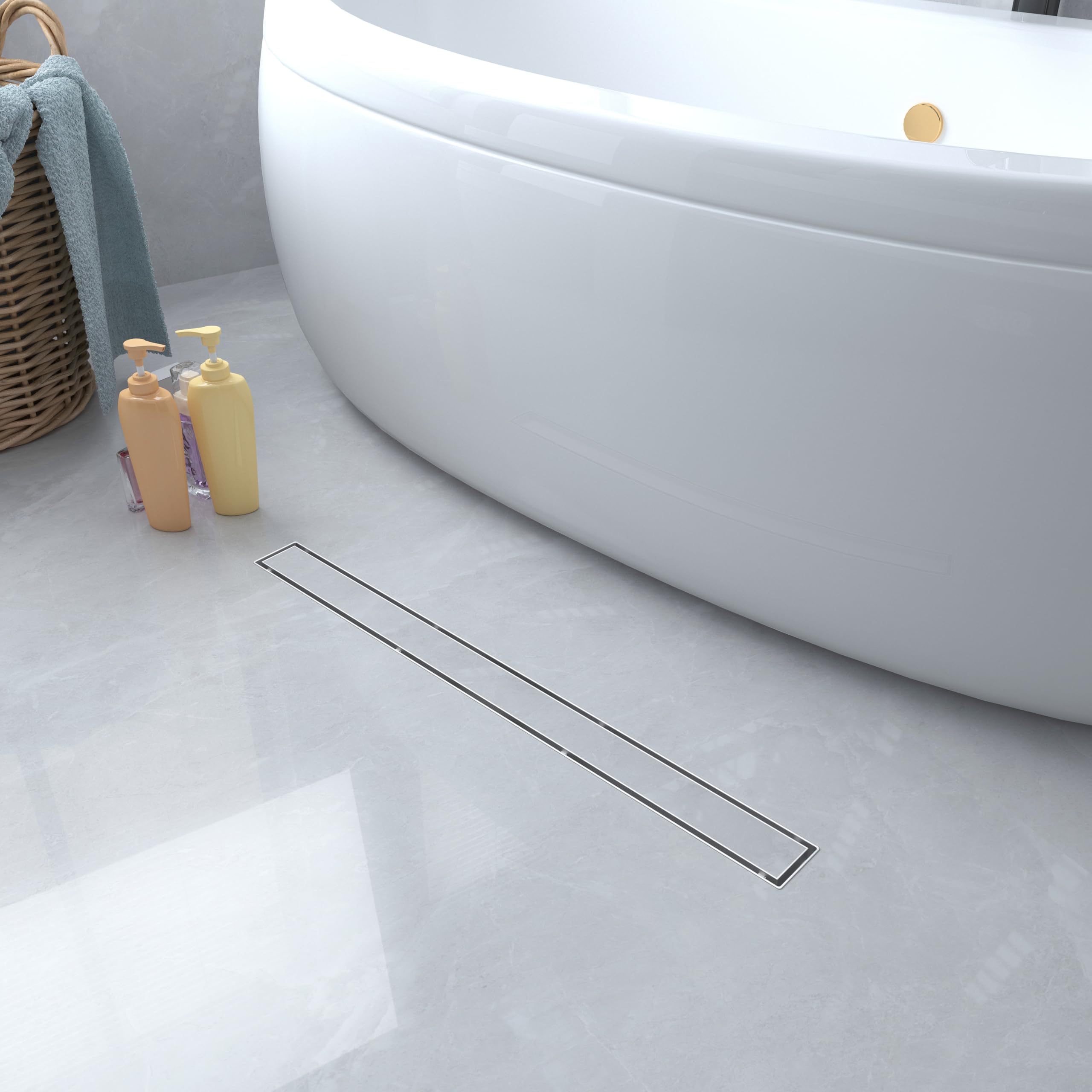 Caniveau Douche 2 en 1 de 60cm, Acier Inoxydable Chromé, Drain Douche Italienne avec Siphon et Filtre