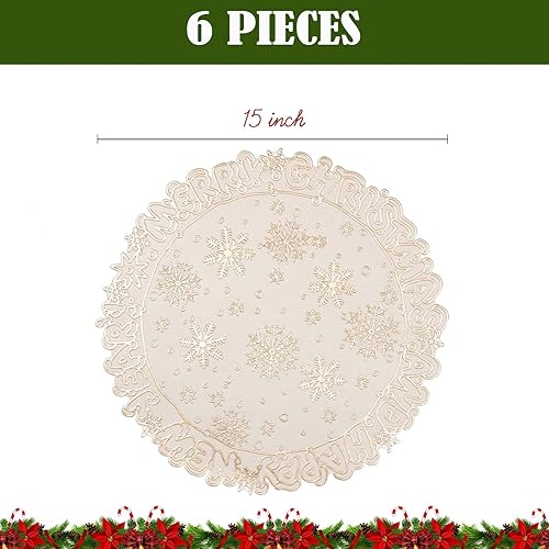 Miniatura 7 de AHHFSMEI Manteles individuales metálicos de vinilo prensado, juego de 6 manteles decorativos (rojo copo de nieve, redondo)