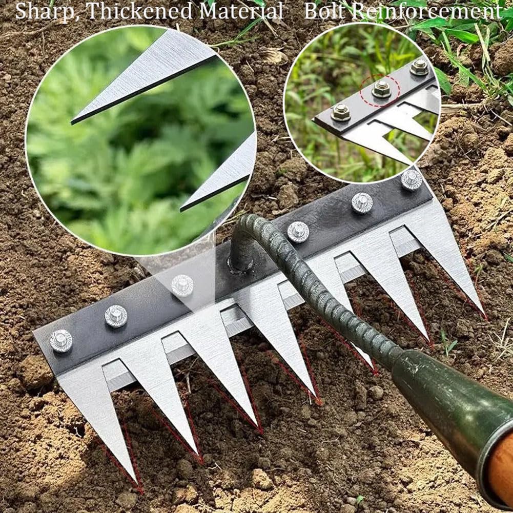 Rastrillo De Deshierbe, Rastrillo Jardin con Mango, Rastrillo Malas Hierbas, Rastrillo De Acero Al Carbono De 5/6/7/8 Dientes, Elimina Malezas, Grava y Hojas en 1 Pasada (5 Dientes)