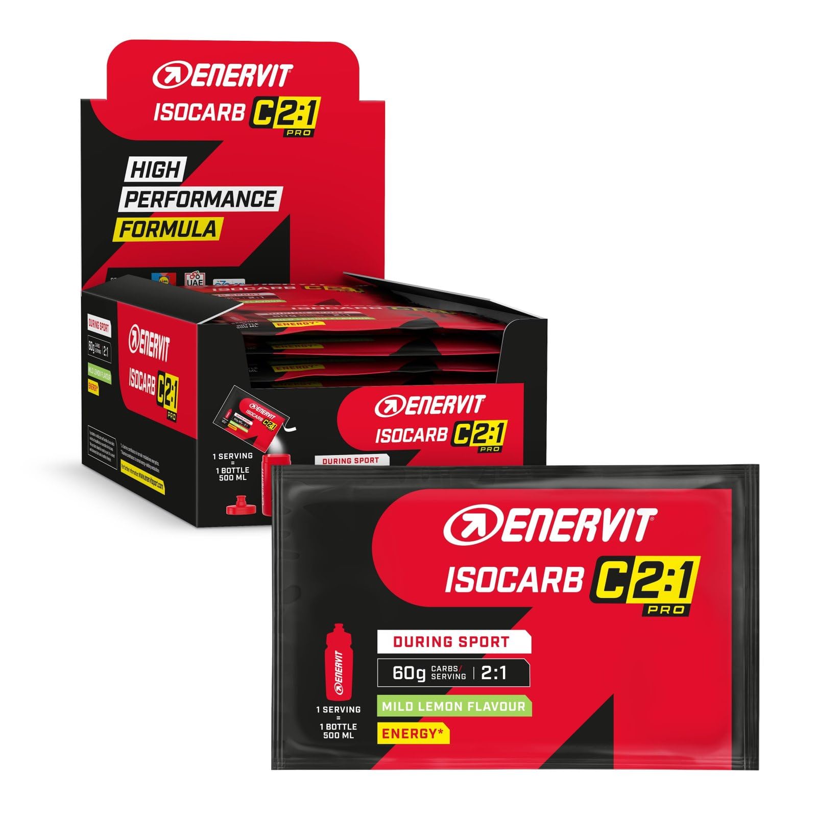 Enervit, Isocarb C2:1PRO, Bevanda Energetica Isotonica con 60g di Carboidrati per Porzione, Gusto Limone, Per Attività di Lunga Durata ad Alta Intensità, Alta Digeribilità, Vegan, 20 Buste da 65g