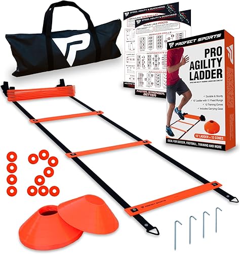 Pro Agility - Conos de escalera de 15 pies con escalera de velocidad fija 12 conos de disco fútbol entrenamiento deportivo incluye bolsa de