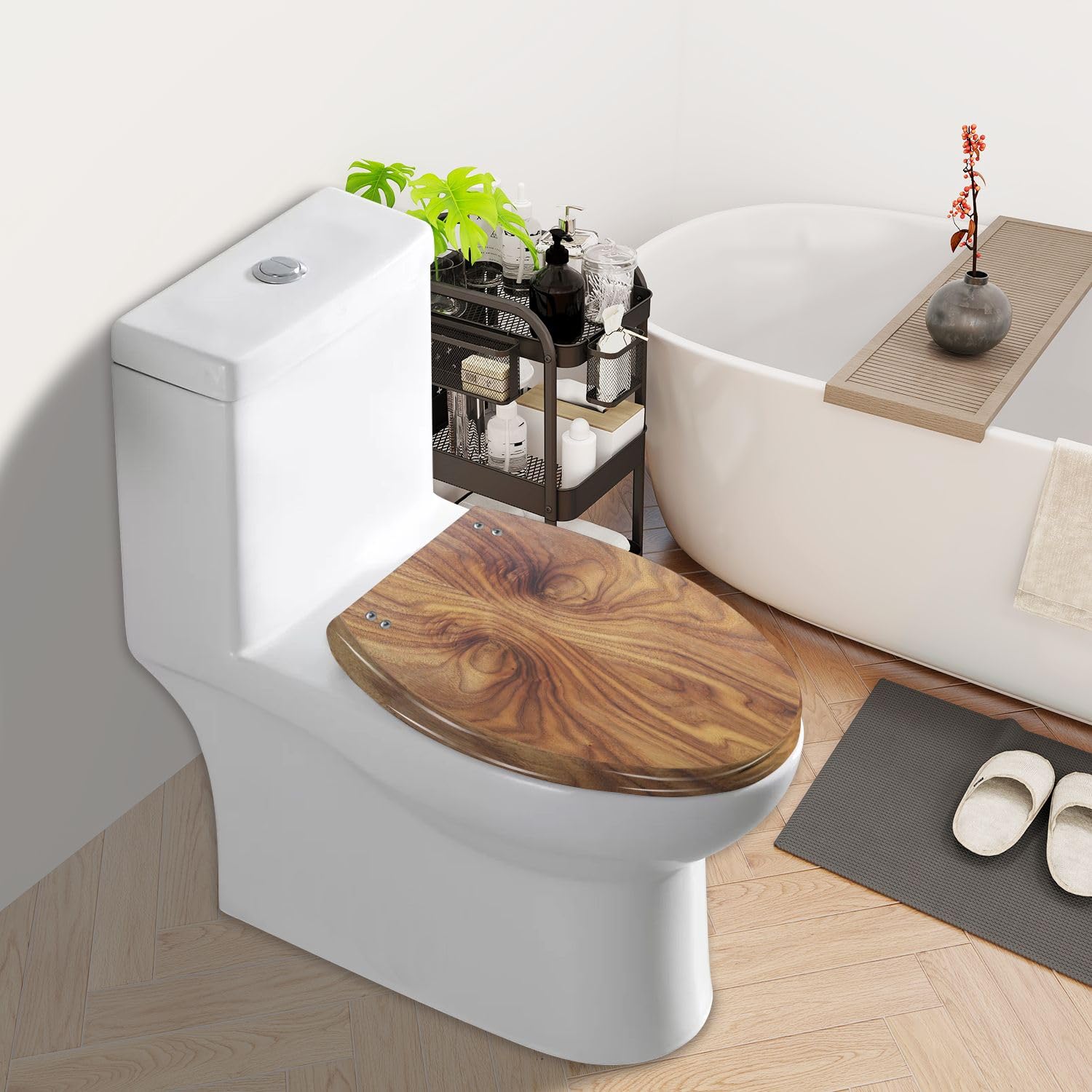 Elongated Toilet Seat Walnut wood face Resin Toilet Seat Slow Quiet Close with Quick-Release Hinges Toilet Seat with Cover Easy to Clean Install