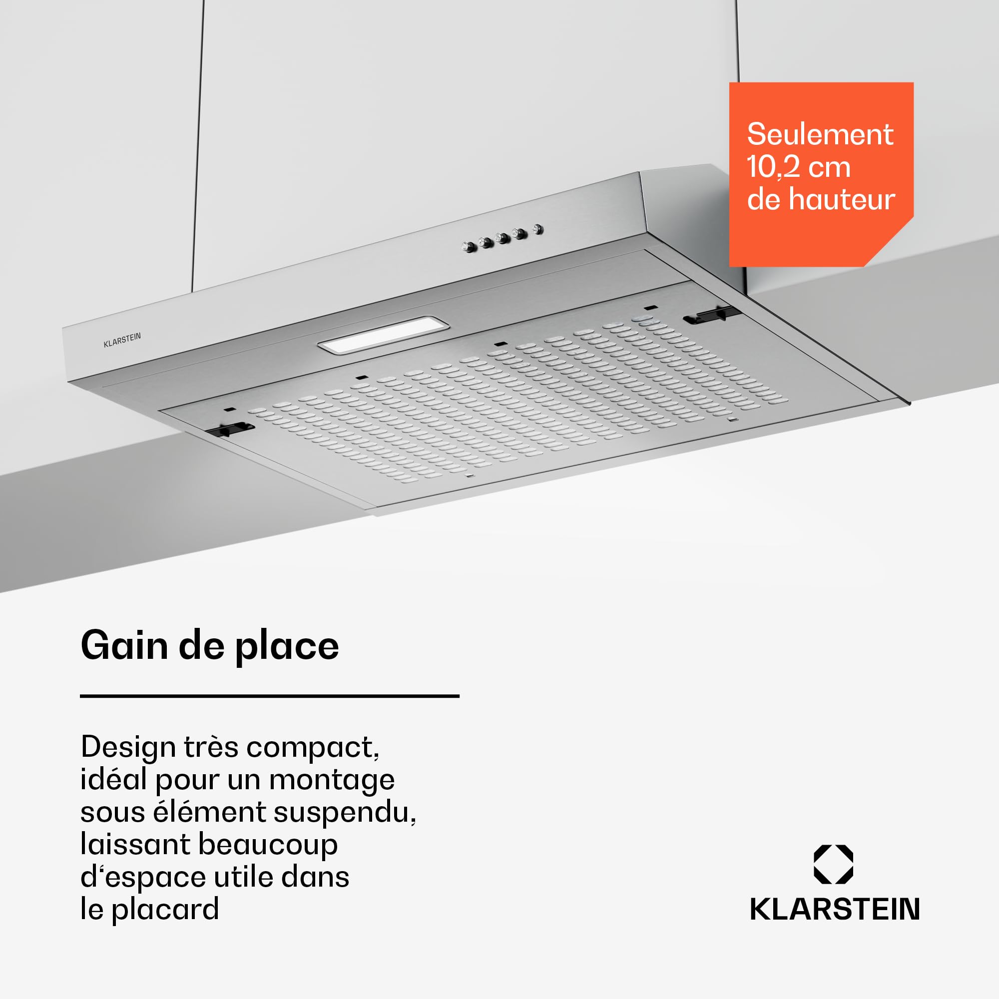 Klarstein SlimVent Hotte Aspirante, 60 cm Hotte de Cuisine Gain de Place, 178 m³/h, Énergie A+, Silencieuse 52 dB, LED, Filtre à Charbon, à Tiroir, Argent