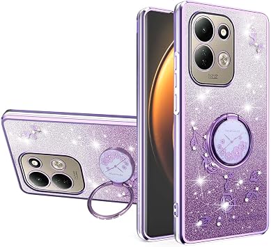 YUECXIN Case for Xiaomi Redmi 17 4G / 5G with Shiny Flowers Ring Stand Cute Bling Women Girls Mobile Phone Case Ultra Thin Shockproof Soft TPU Silicone Protective Case Purple