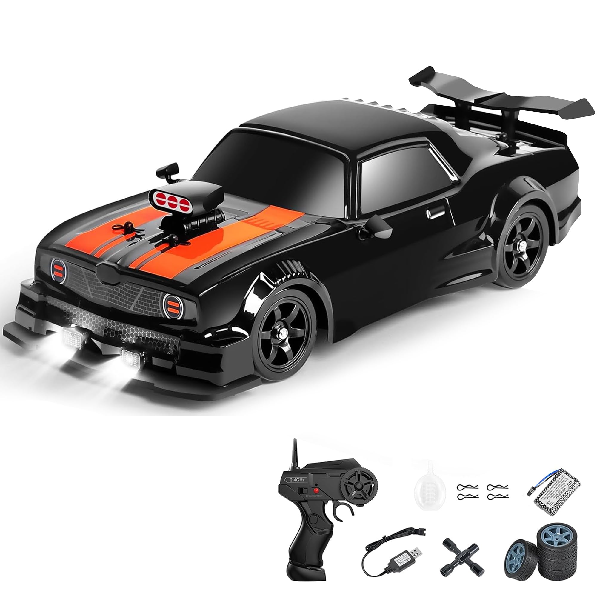 Drift Racing Car Black | 2.4G R/C Drift Car with Smoke, Light & Music | High-Speed Remote Control Racing Vehicle | Rechargeable RC Drift Toy for Kids Boys & Girls-image-27