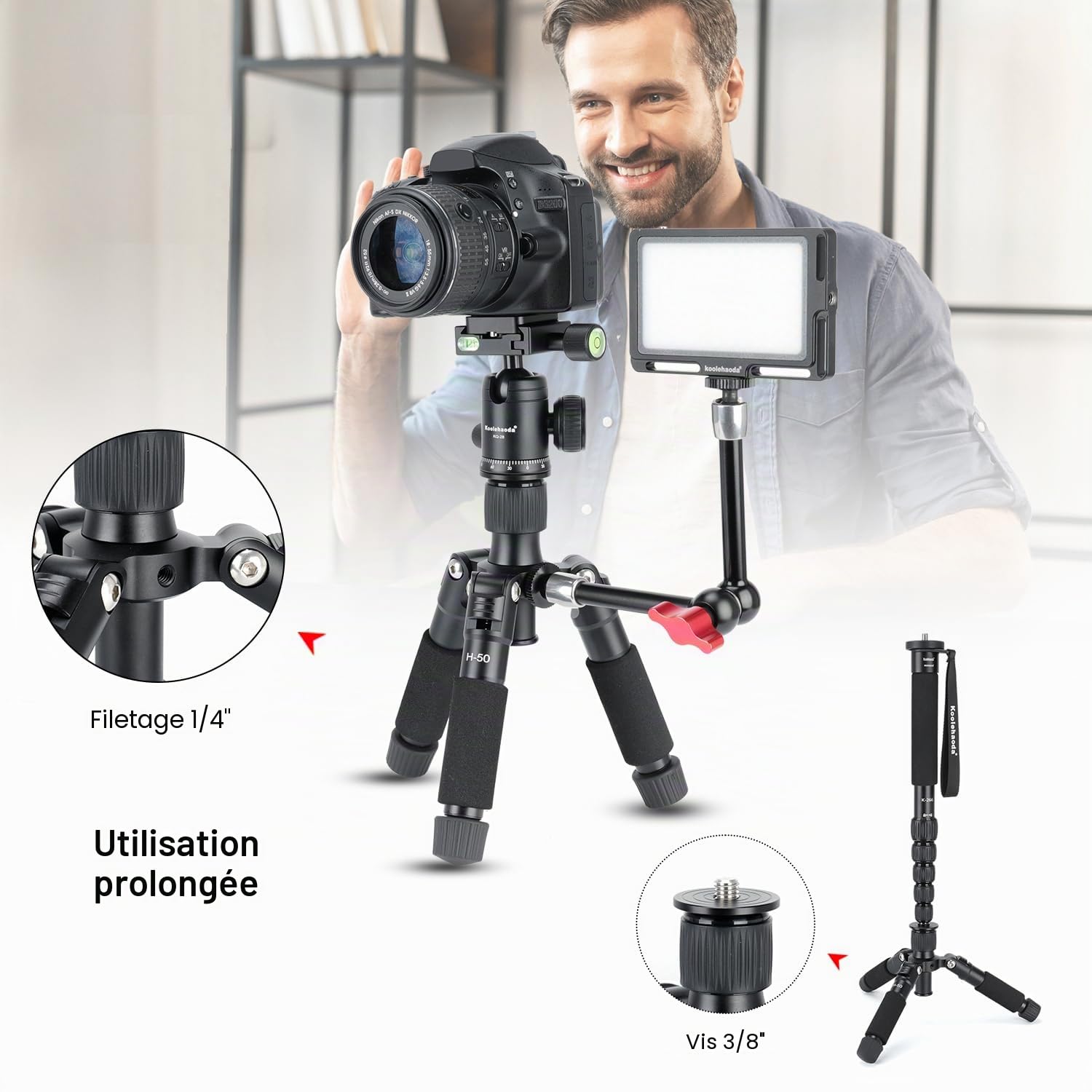Koolehaoda Mini trépied Portable en Alliage d'aluminium Hauteur 51 cm avec rotule 360 ​​degrés et Sac pour Appareil Photo Reflex numérique, caméscope vidéo. Charge jusqu'à 5 kg - (H-50)