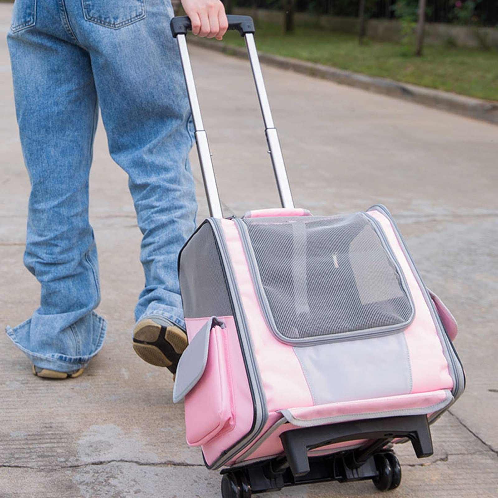 Transportín con ruedas para mascotas, mochila de viaje para perros con ruedas, transportador para gatos con ruedas, mochila multifunción para mascotas, transportador de viaje transpirable para gatos