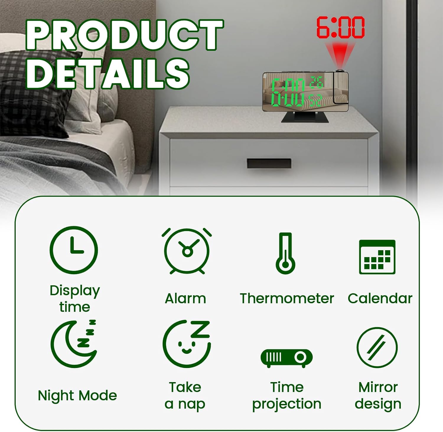 Digital Projection Alarm Clock for Bedroom Ceiling Wall - 180° Rotatable Projector Clock with 4 Level Dimmable Mirror Large LED Display, Smart Desktop Mirror Clock with Snooze for Heavy Sleepers