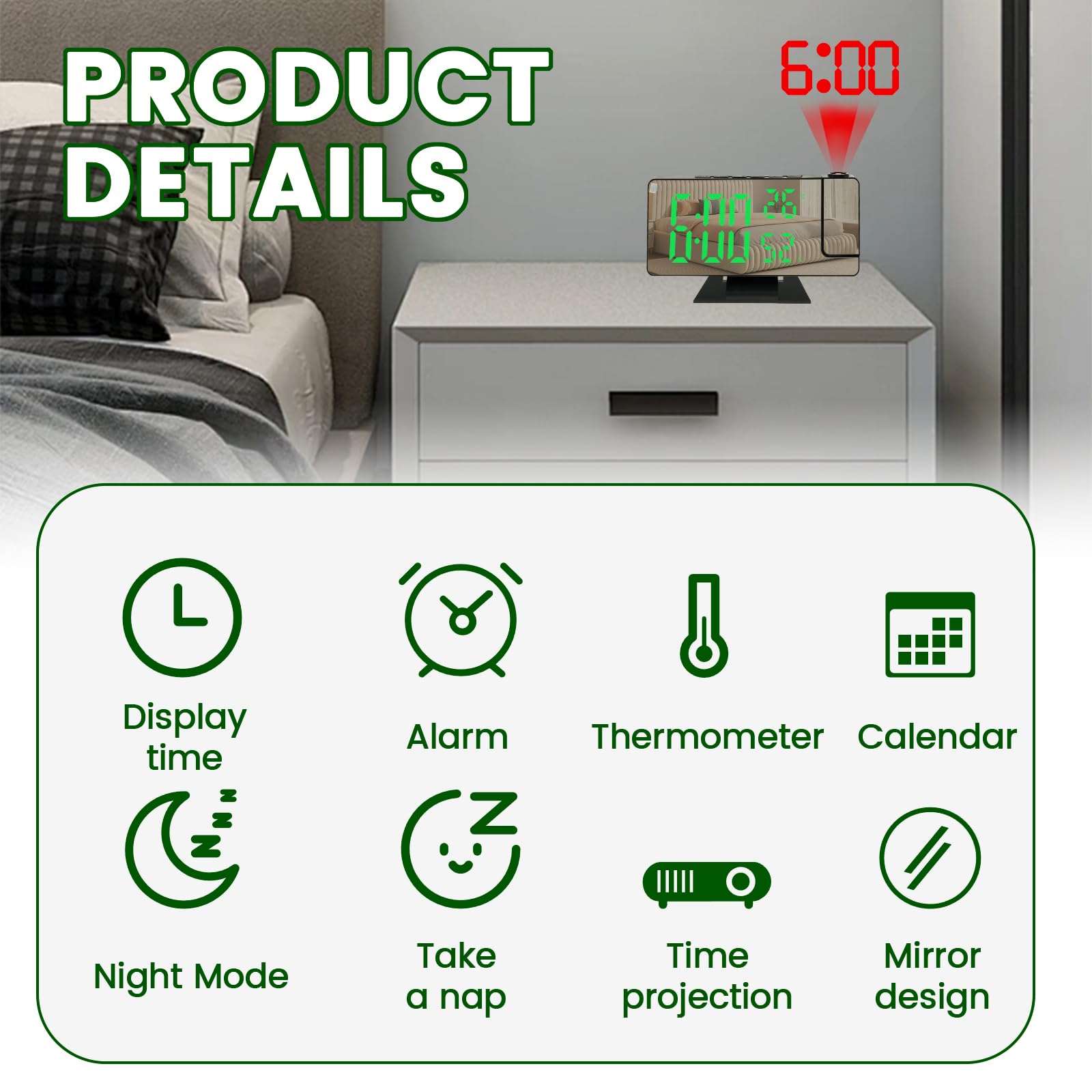 Digitaler Projektionswecker mit 180° drehbarem Projektor, 4 Stufen Dimmbare Spiegelprojektionsuhr, Großes Display Digitale Projektionswecker Projektionswecker Projektionsuhren mit Schlummerfunktion