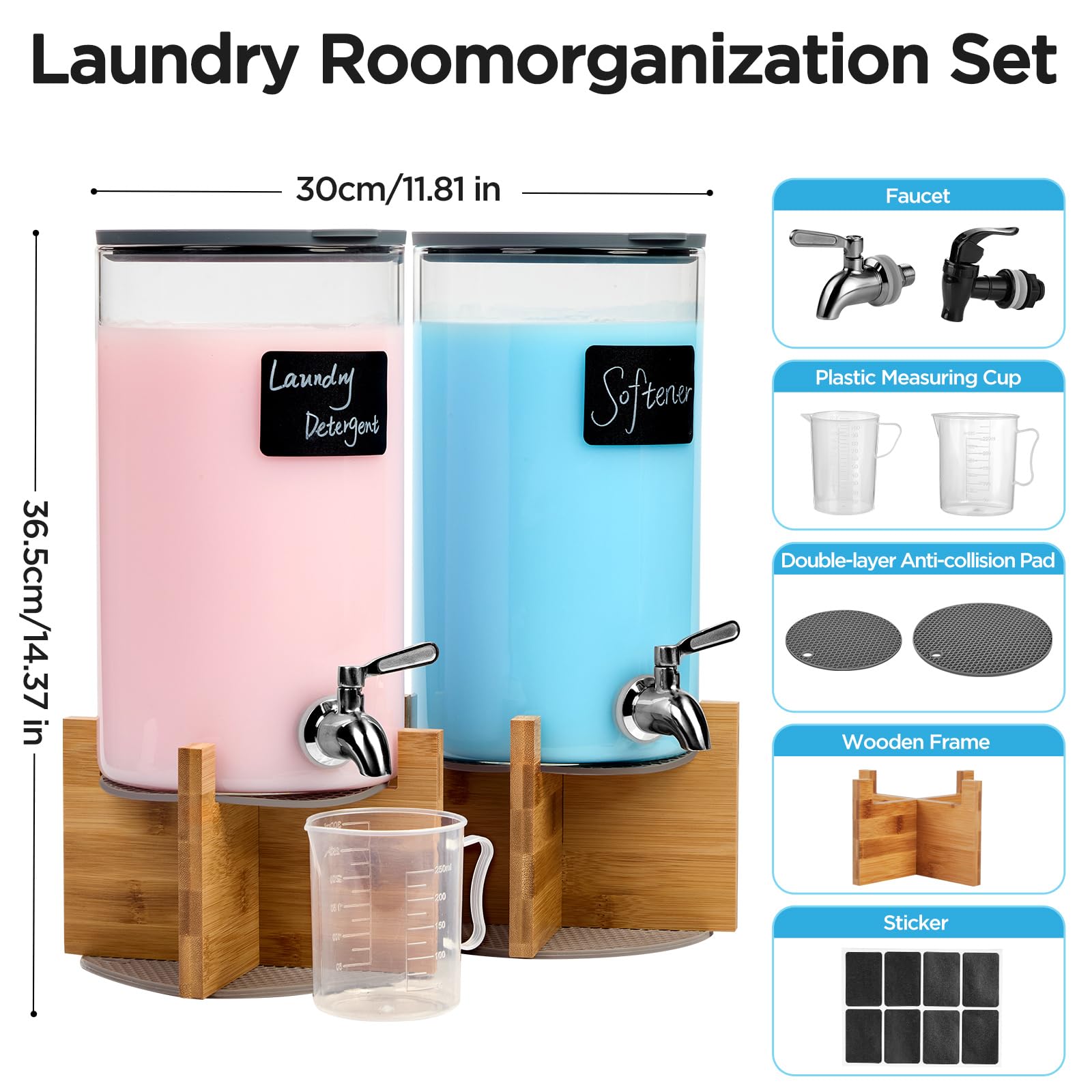 Dispensador de detergente de vidrio para lavandería, dispensador de líquido para lavandería con grifo de acero inoxidable, juego de 2 dispensadores de líquido, recipientes de vidrio para
