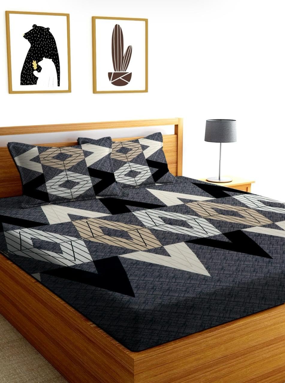 Cotton Feel Glace Cotton Elastic Fitted Printed King Size Double Bed Bedsheet with 2 Pillow Covers and Fits Upto 8 inches Mattress, Size- 72"x78" Saffro 6934-picture-13