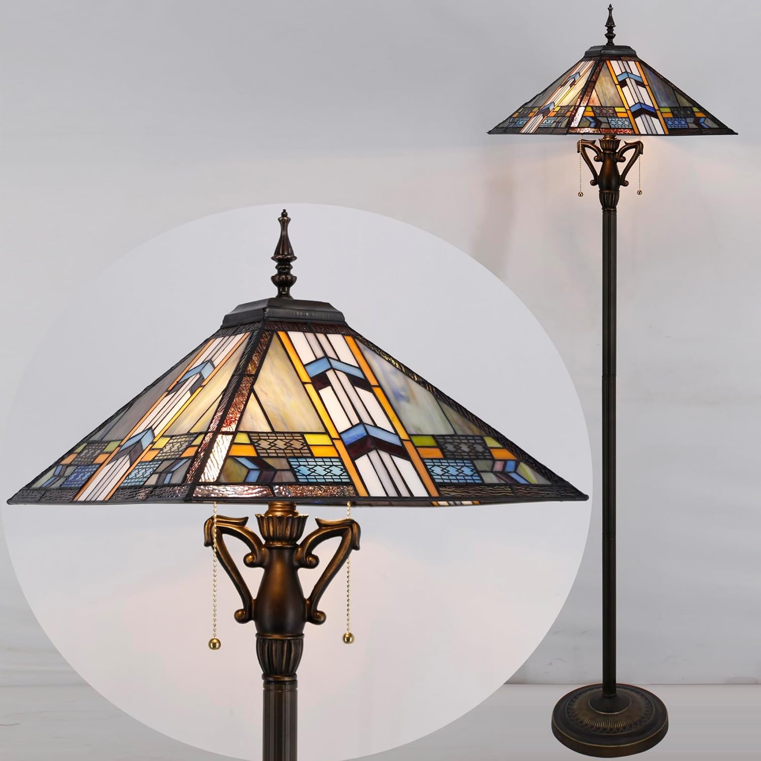 Tiffany Floor Lamp Blue Cloudy Mission Style Stained Glass Standing Reading Light 16X16X64 Inch