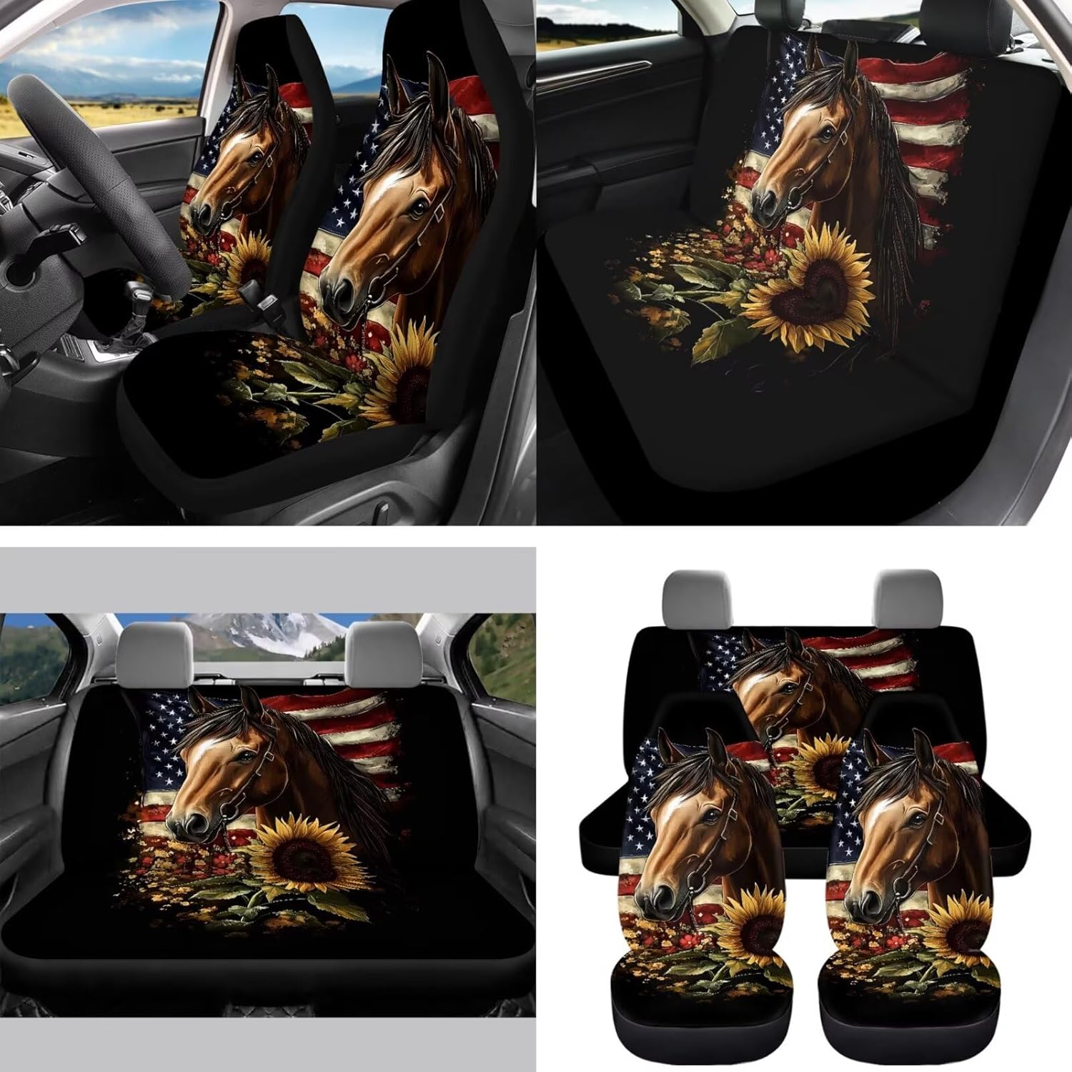Pensura Horse Sunflower USA Flag Car Seat Covers Set Full Set -Front Seats Cover/Rear Bench Seat Cover Protectors Steering Wheel Cover Car Headrest Cover Floor Mats Universal Fit Most Vehicles