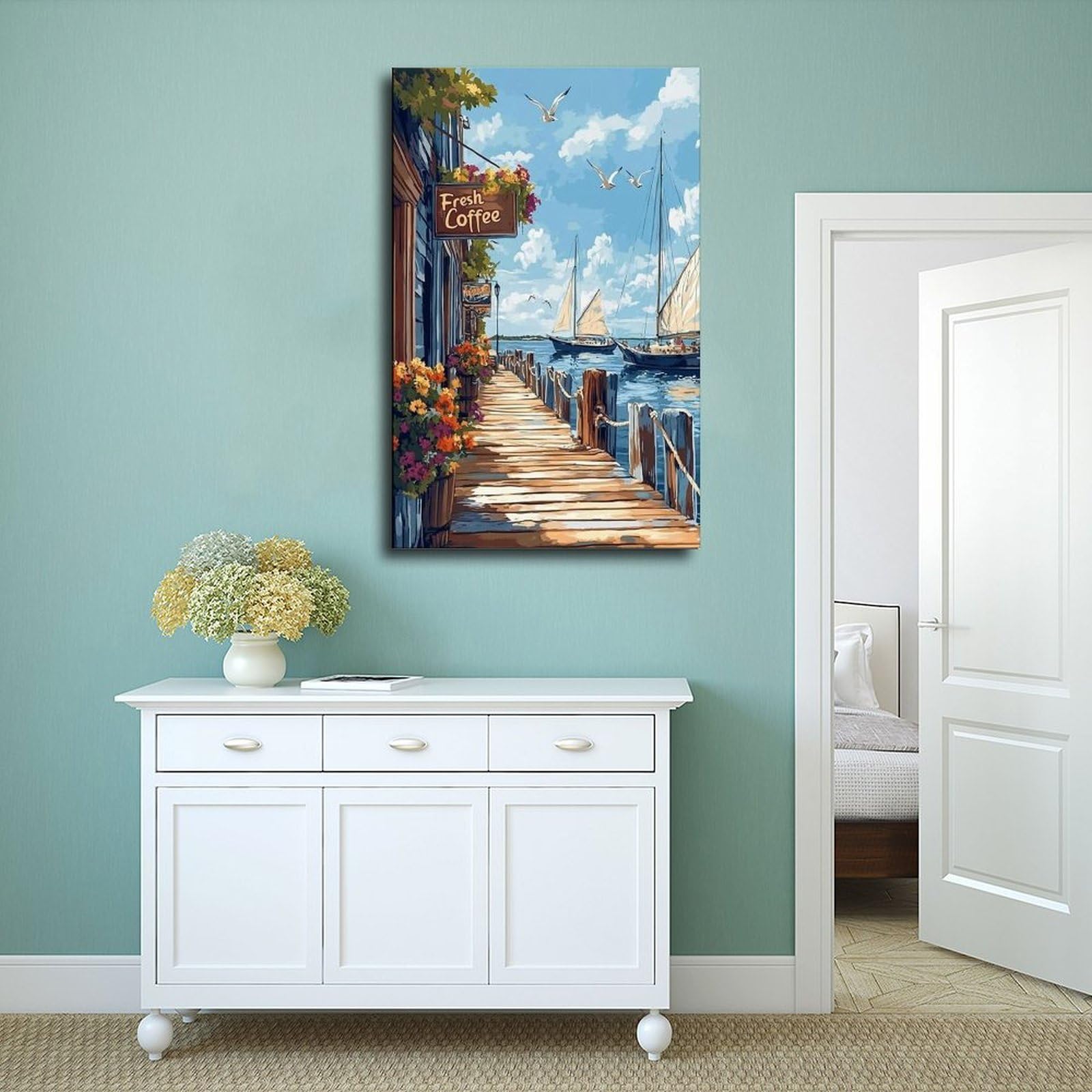 Newport Harbor Boardwalk Coffee Shop, Segelboot und Hummershack, Leinwand-Poster, Schlafzimmer, Dekoration, Landschaft, Büro, Raumdekoration, Geschenk, 61 x 91,4 cm (L x B)