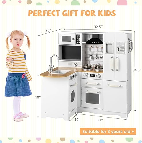 Miniatura 6 de Cocina de juego de esquina para niños, juego de cocina de juguete de madera con sonidos, cocina de juego de simulación para niños con accesorios de