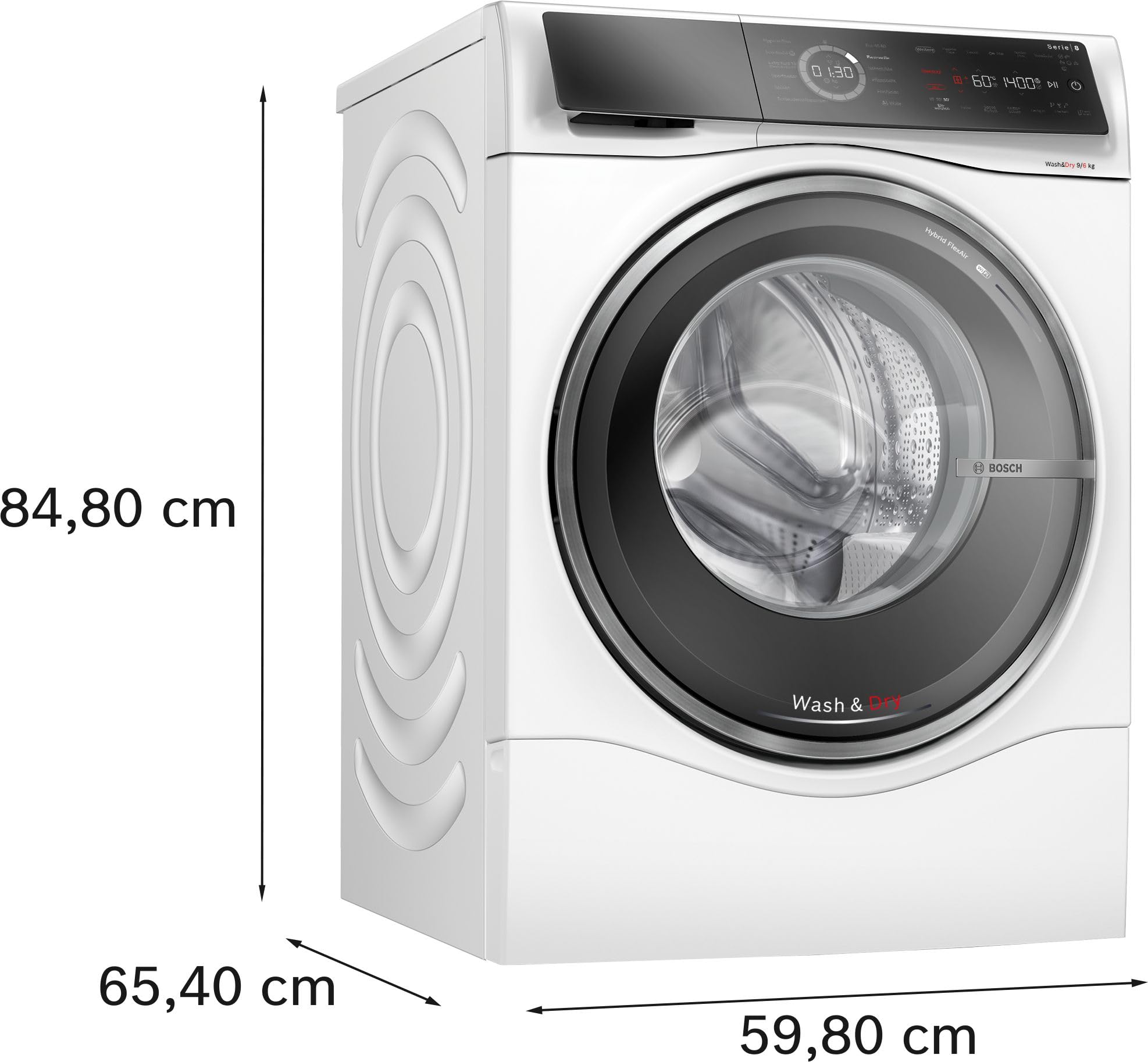 BOSCH WNC244070 Série 8 Lave-linge séchant à chargement frontal avec capacité de 9/6 kg, 1400 tr/min, Home Connect, EcoSilence Drive, Iron Assist, SpeedPerfect, AutoDry, blanc, 60 cm