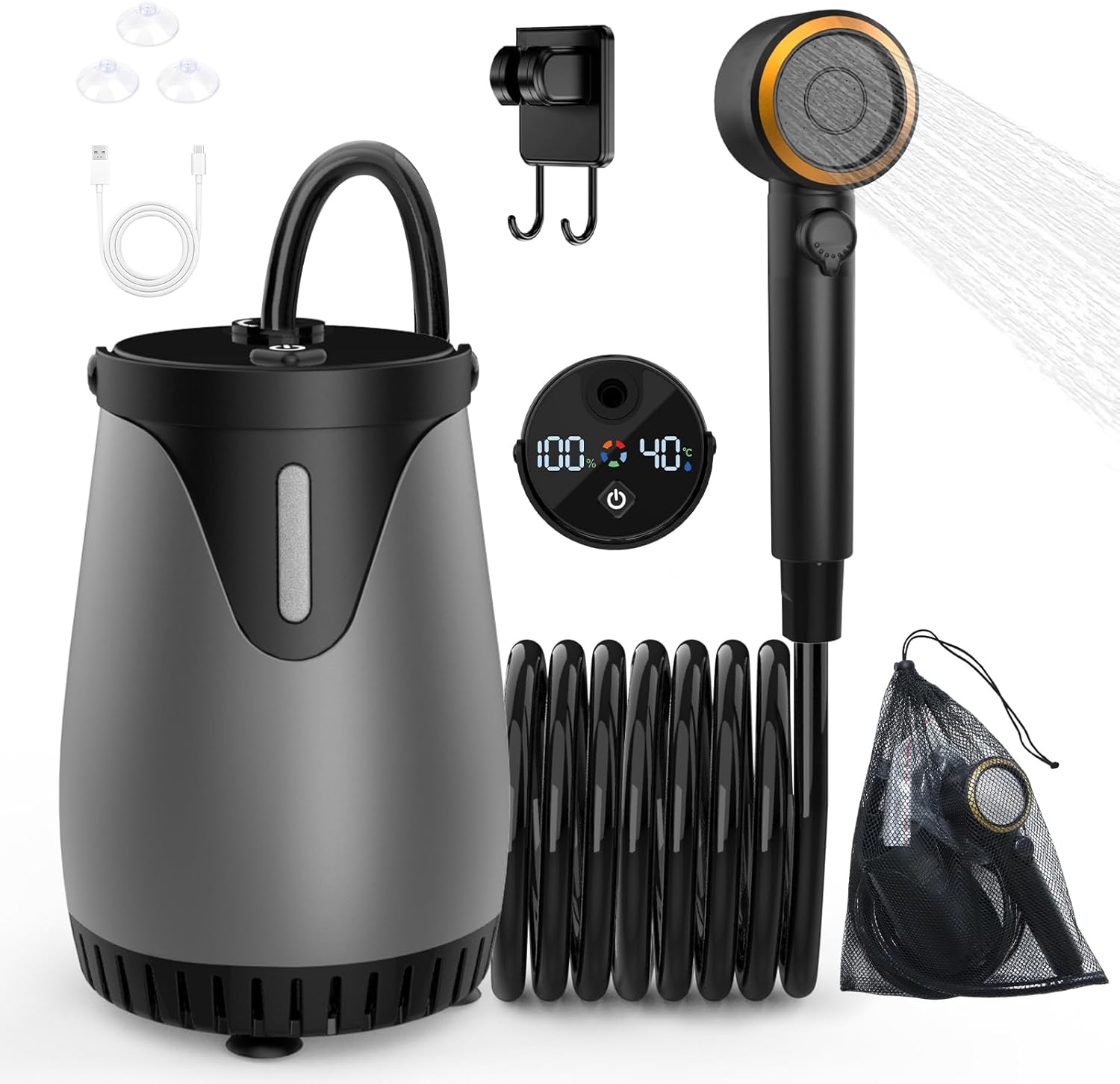 Portable Camping Shower Pump - 6000mAh Rechargeable Shower, 5 Pressure Levels & 4 Spray Modes, Smart Display, IPX8 Waterproof Pump for Beach, Pet, Car Wash & Outdoor Use
