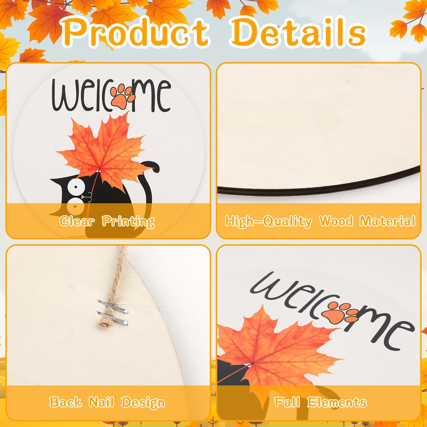 Hello Fall Signs Wooden Hanging Signs for Front Door Maple Leaf Black Cat Door Signs Rustic Fall Door Hangers for Home Autumn Harvest Front Porch Decor
