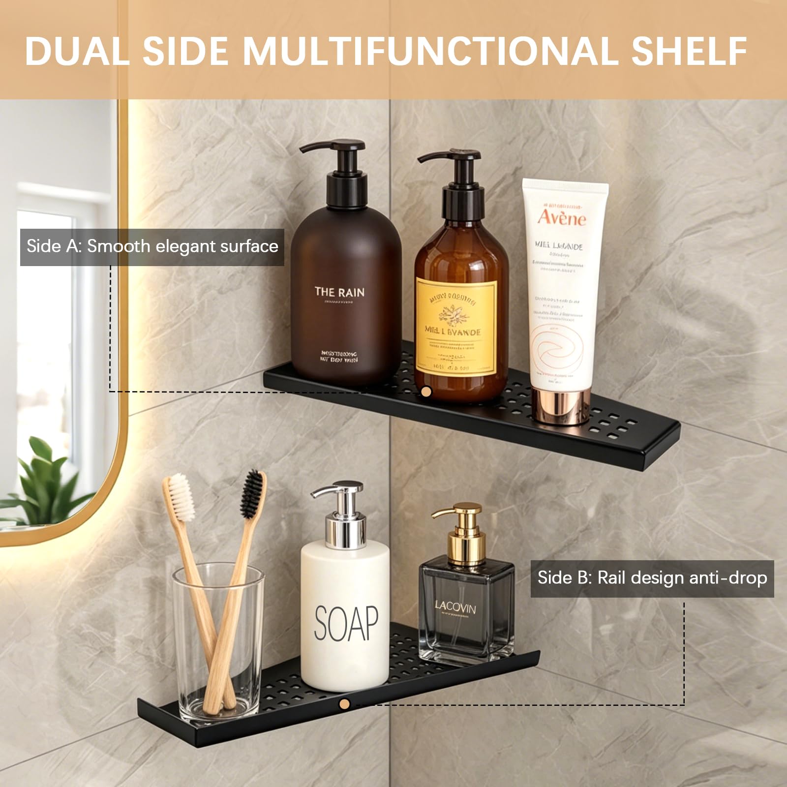 EXLECO 2pcs Étagère d'angle pour Douche en Acier Inoxydable 304, Etagere Murale Encastrable, Tablette Salle de Bain sans Percage pour Shampoing Gel, 7kg par Serviteurs, 305 x 155mm Noir, Mat