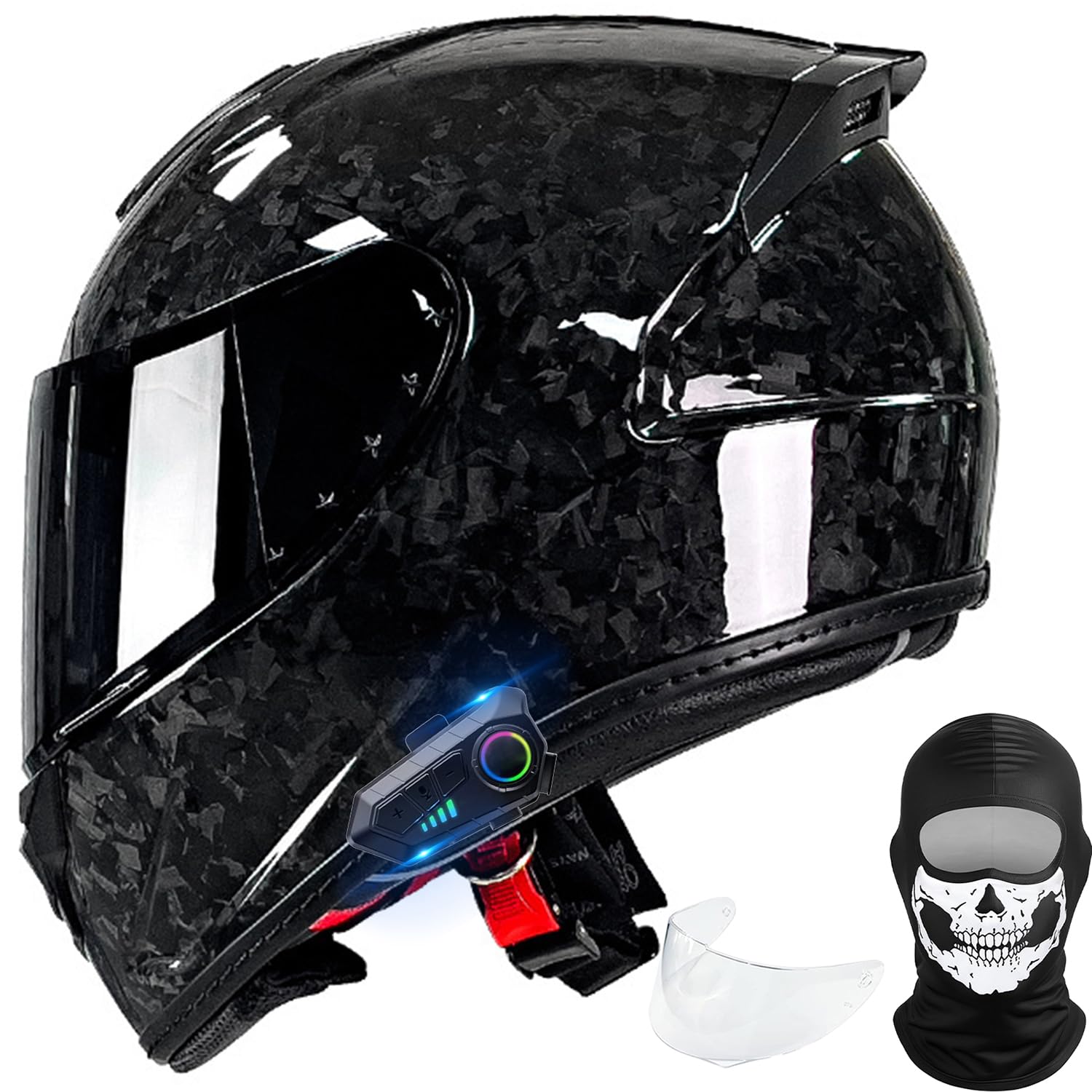 Casco Moto Integral Casco Moto Fibra de Carbono con Bluetooth Dot ECE Homologado Casco de Motocicleta Transpirable para Mujer Hombre Adultos Casco de Scooter Casco de Ciclomotor
