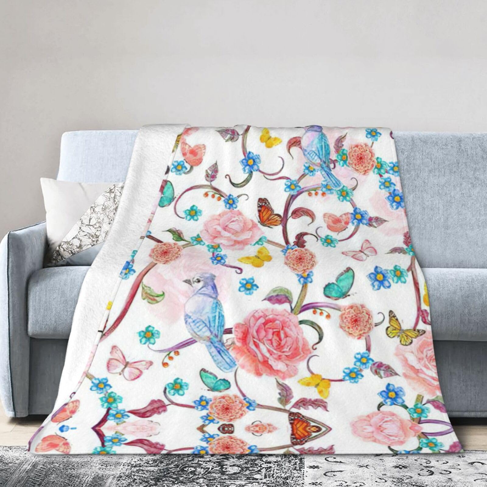 Plaid polaire doux fleurs et oiseaux pour rester au chaud au camping
