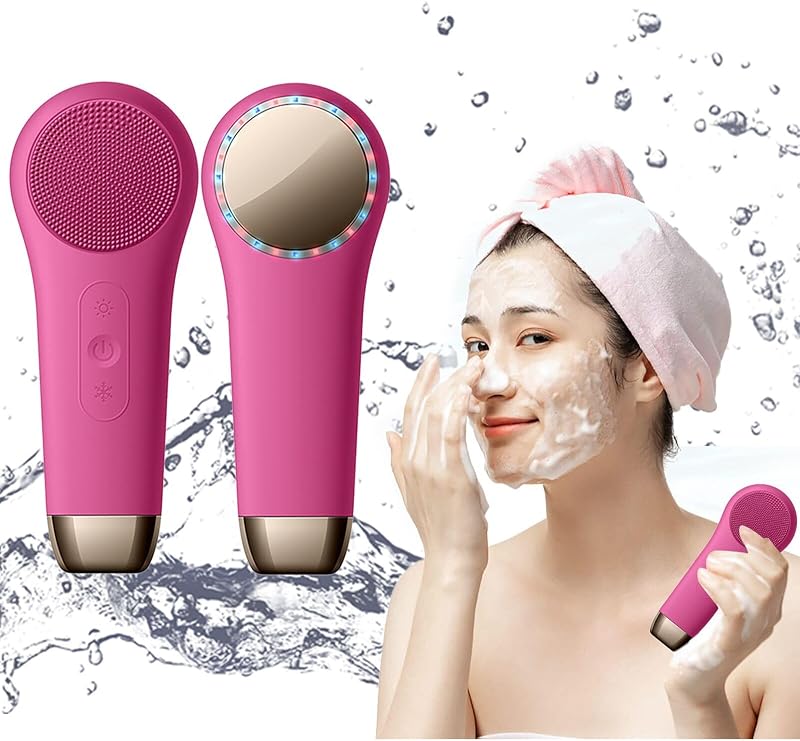 Escova elétrica recarregável para limpeza facial Perwin com cerdas de silicone e vibração, vermelha