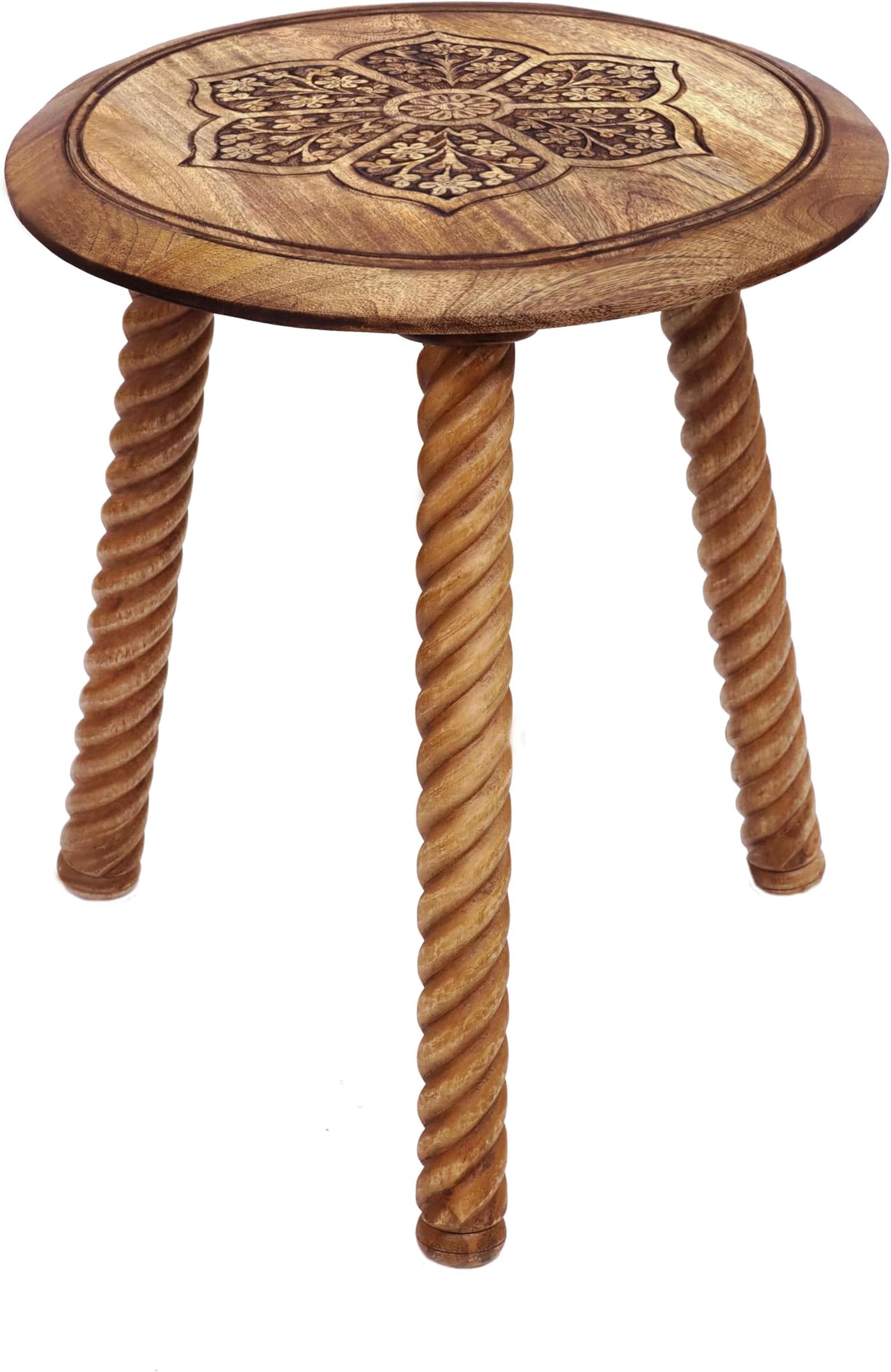 COTTON CRAFT - Hand Carved Floral 100% Mango Wood Side Table - 18L x 18W x 21 H inches - Natural