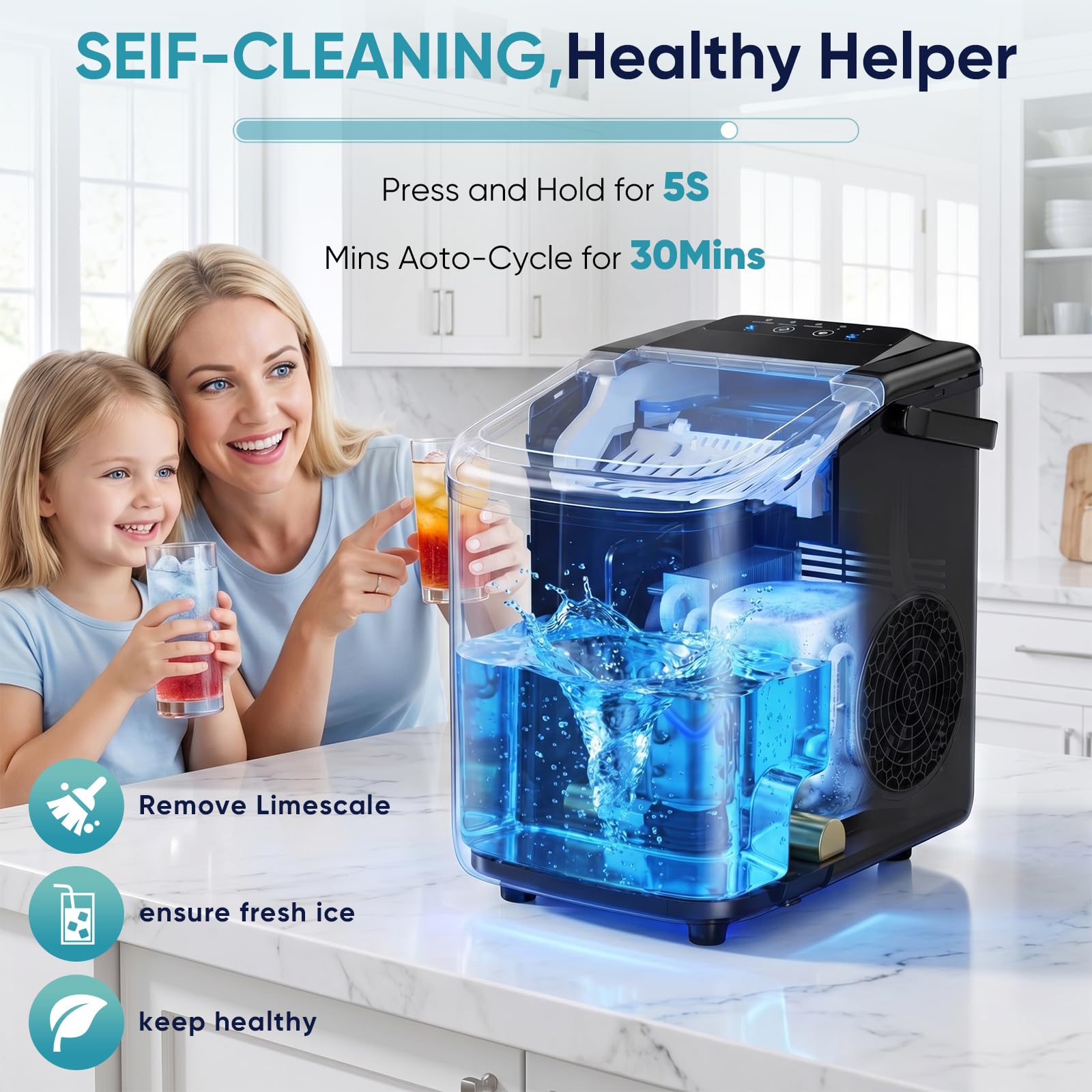 Dumos Ice Makers Countertop,26.5lbs/24h,9 Cubes In 6 Mins,Portable Ice Maker Machine With Self-Cleaning,Ice Scoop, Basket And Handle2 Sizes Of Bullet Ice,Perfect For Home Kitchen(Deep Black) on Fridge.com - View 5