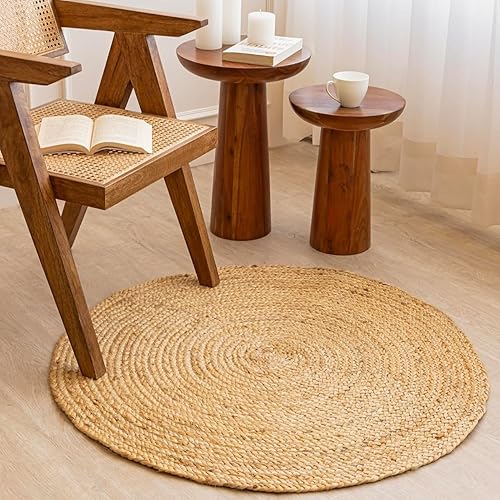 Vista 56 de HOMEMONDE Alfombra redonda de yute natural de 6 pies, tejida a mano, reversible, vintage, rústica, bohemia, respetuosa con el medio ambiente