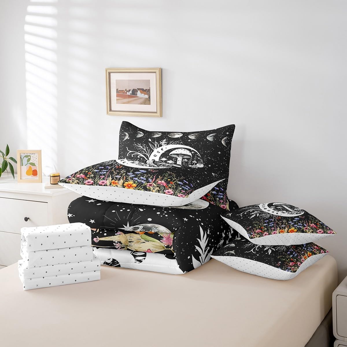 Feelyou Sun Moon Comforter Set Boho Exotic Mushroom Bedding Set Full Size 7 Pcs, Bohemian Botanical Bed Set for Room Decor Galaxy Bed in a Bag with Comforter, Sheets, Pillowcases & Cushion Cover