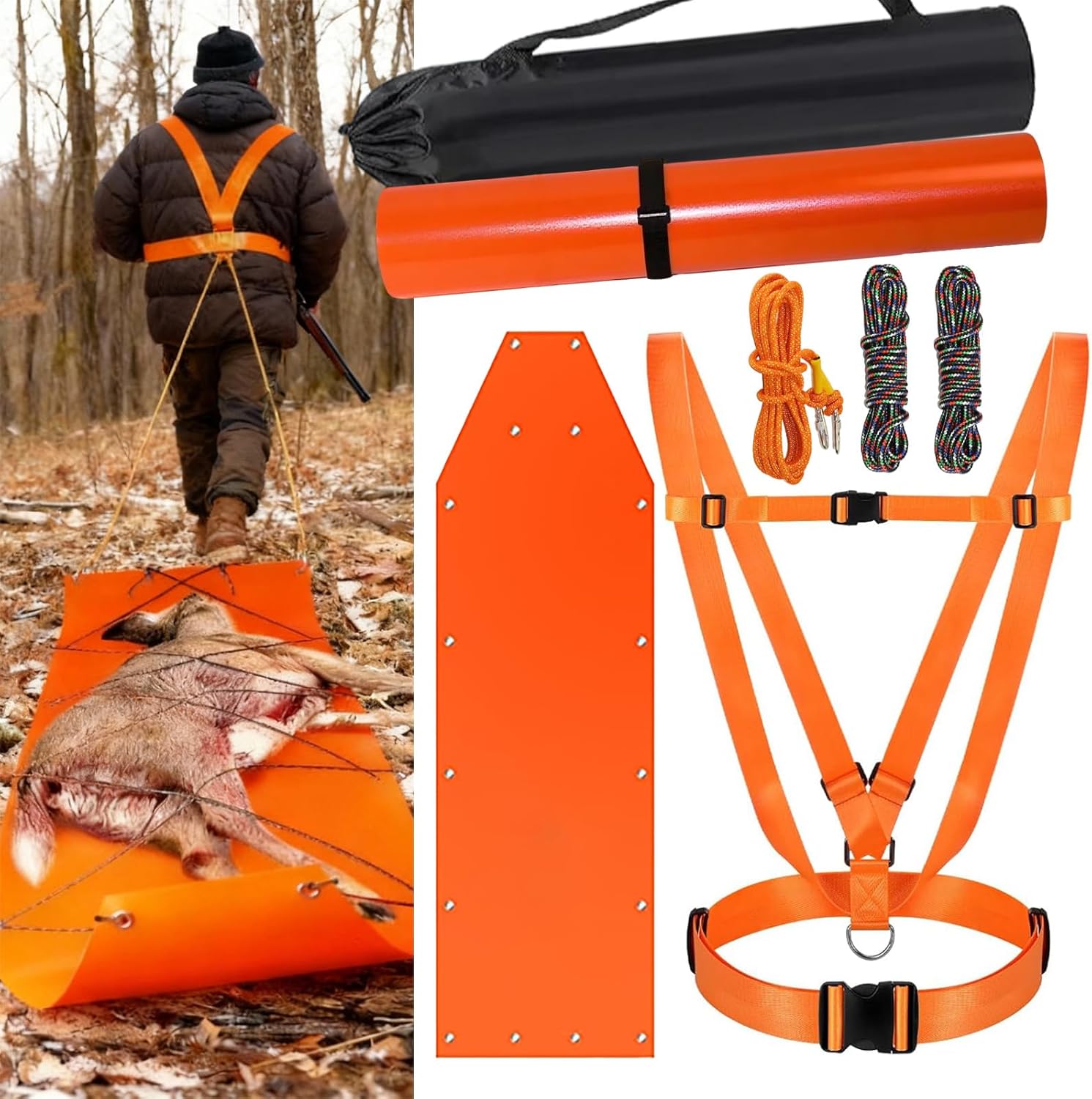 Deer Drag Sled Set,Deers Sleds for Game Dragging with Thickened Drag Sleds 3 Ropes Storage Bag Dual Harness and Elastic Tying Belt Hunting Equipment for Deers Hauling Elk Turkey Game Animals