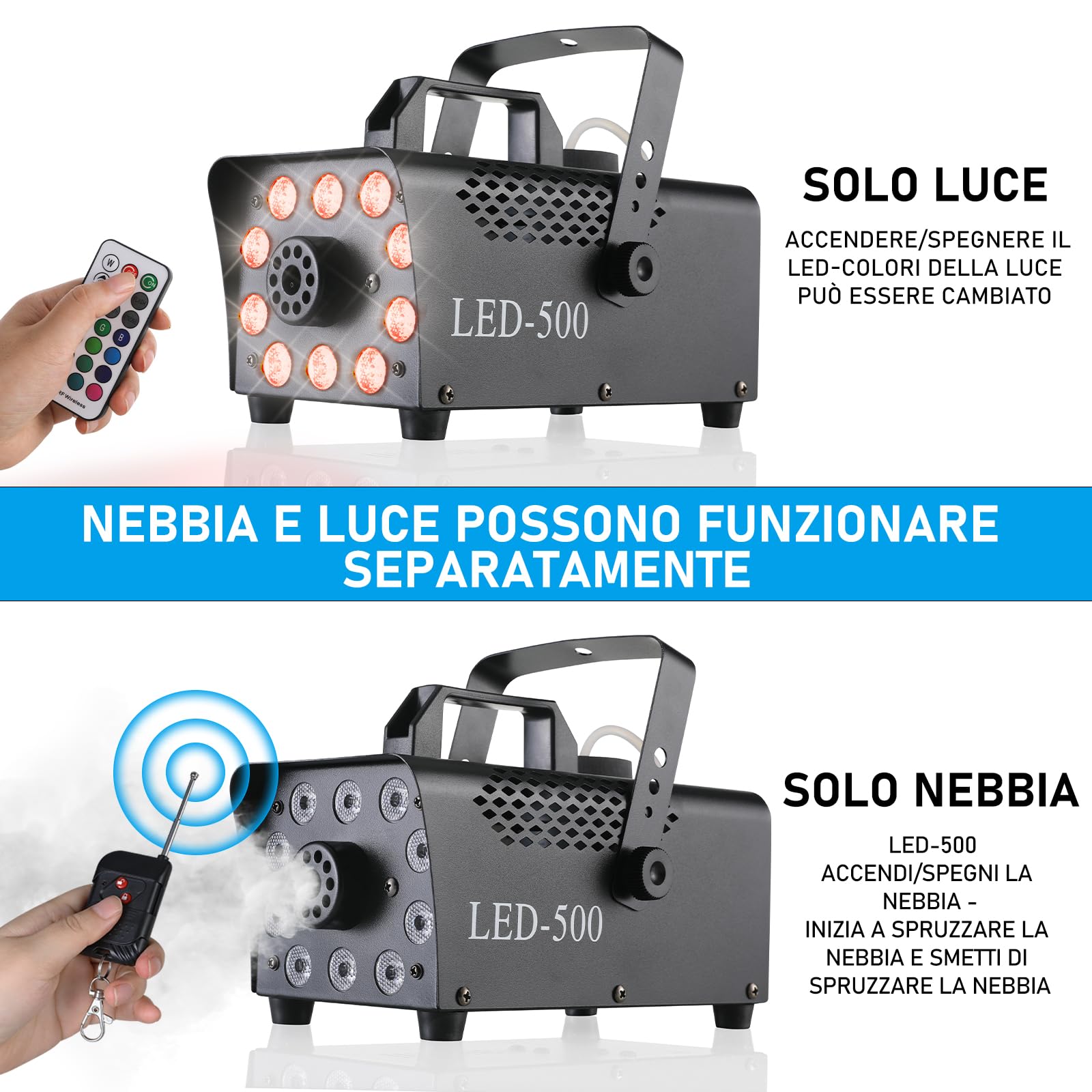 Macchina del Fumo 500W, Automatica, Telecomando Wireless, Portatile, 13 Colori LED RGB per Halloween