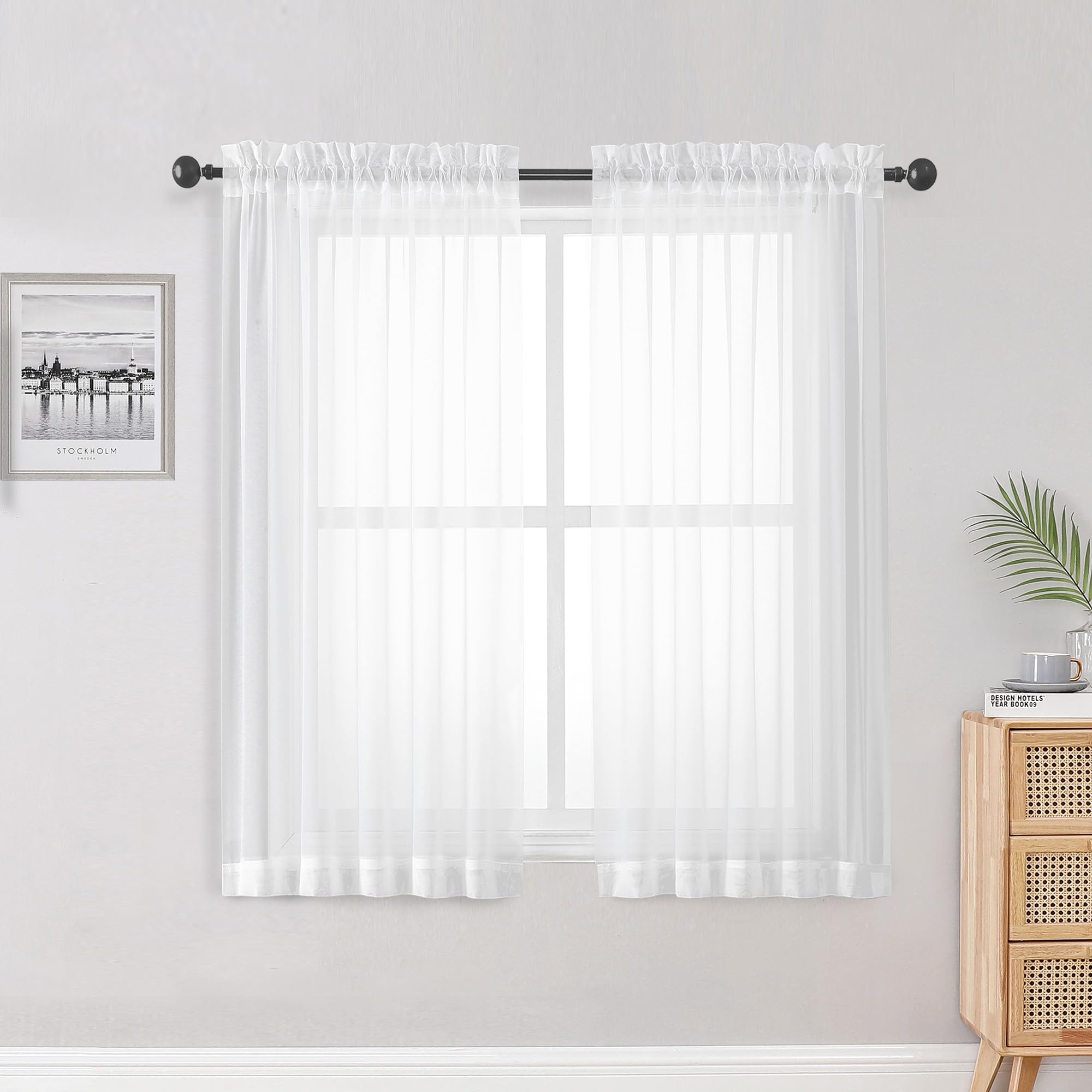 OWENIE Sheer Curtains, White Sheer Curtains 50 Inch Length 2 Panels Set, Rod Pocket Voile Fimly Sheer Drapes for Living Room Bedroom, 2pcs, White, Each 42" W x 50" L