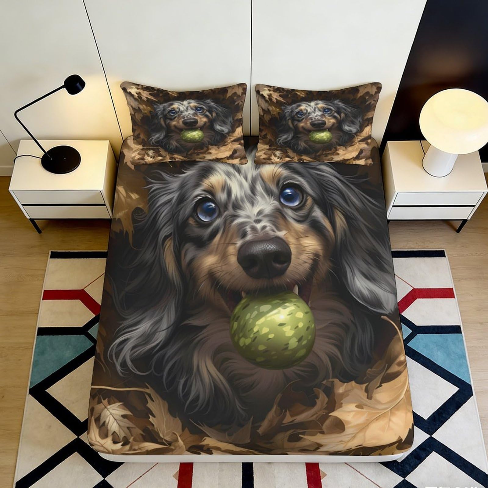 3D Printed Dachshund Dog Fitted Sheet Microfiber Soft Breathable Autumn Leaves Mattress Cover for Bedroom Guest Room Mattress Protection Decor 90x200x25cm