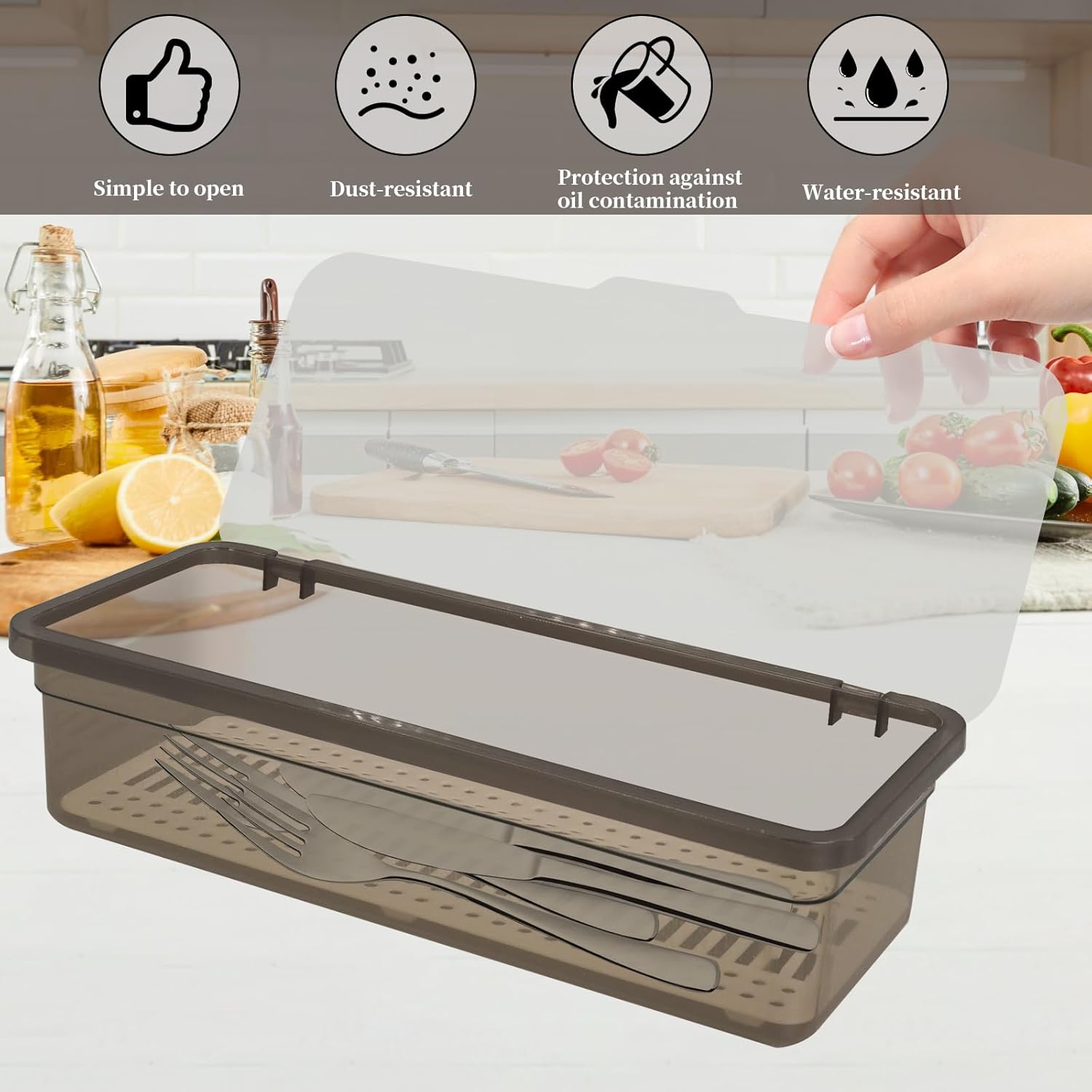 8 Pcs Flatware Tray with Lid Large Plastic Drainer Silverware Utensil Clear Drawer Organizer Cutlery Storage Container Box Dinnerware Holder with Cover for Home Kitchen Travel